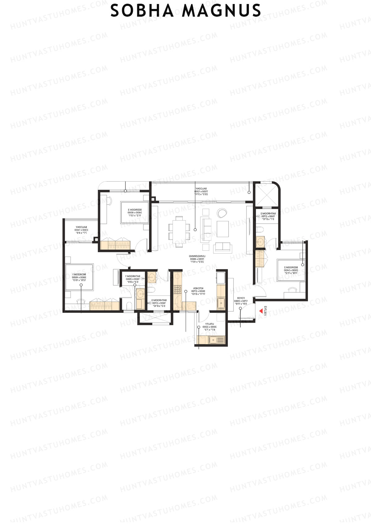Sobha Magnus, Wing 5, Unit 5 (Type H), 3BHK, Super Area 1856   sq ft 