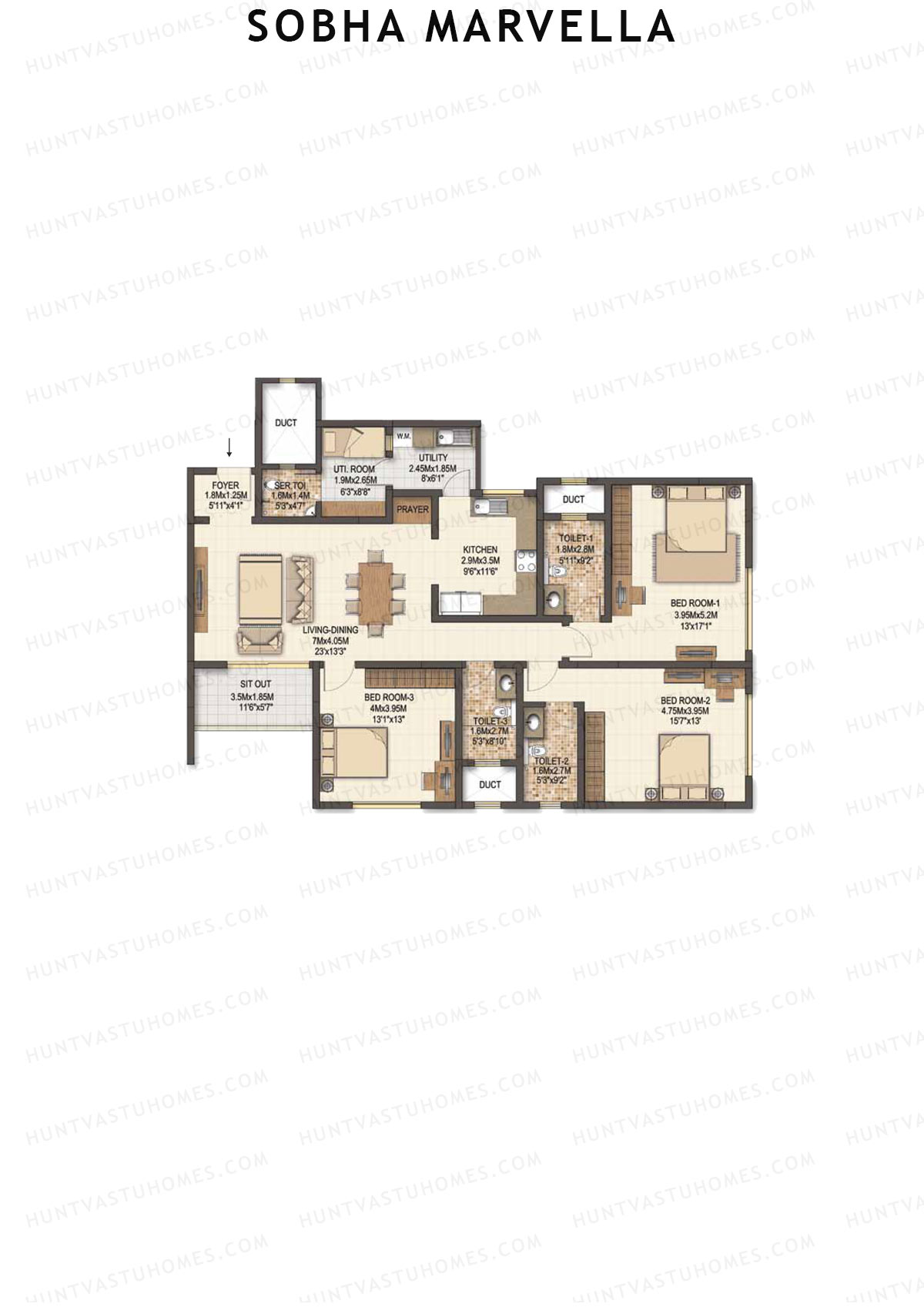 Sobha Marvella Block 2 Unit 3 (Type A1) Floor Plan