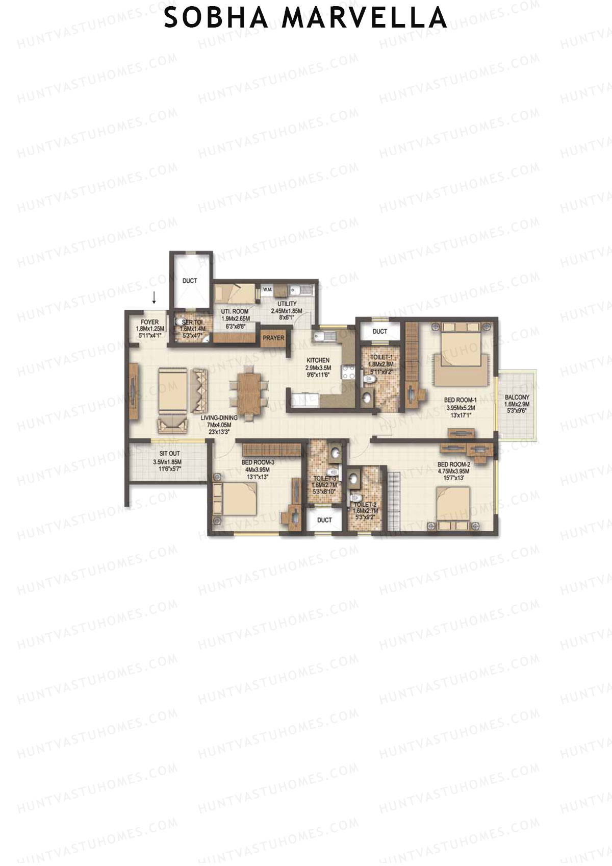 Sobha Marvella Block 2 Unit 3 (Type A2) Floor Plan