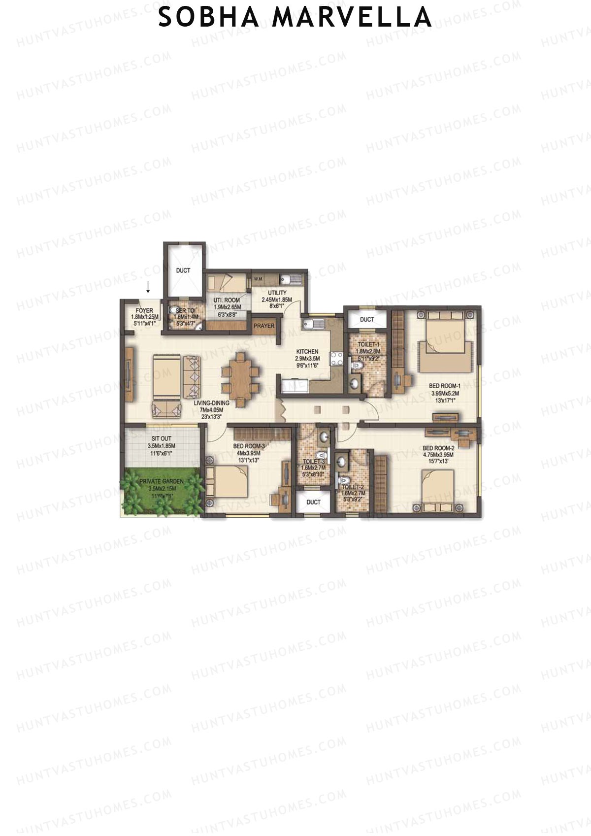 Sobha Marvella Block 2 Unit 3 (Type A) Floor Plan