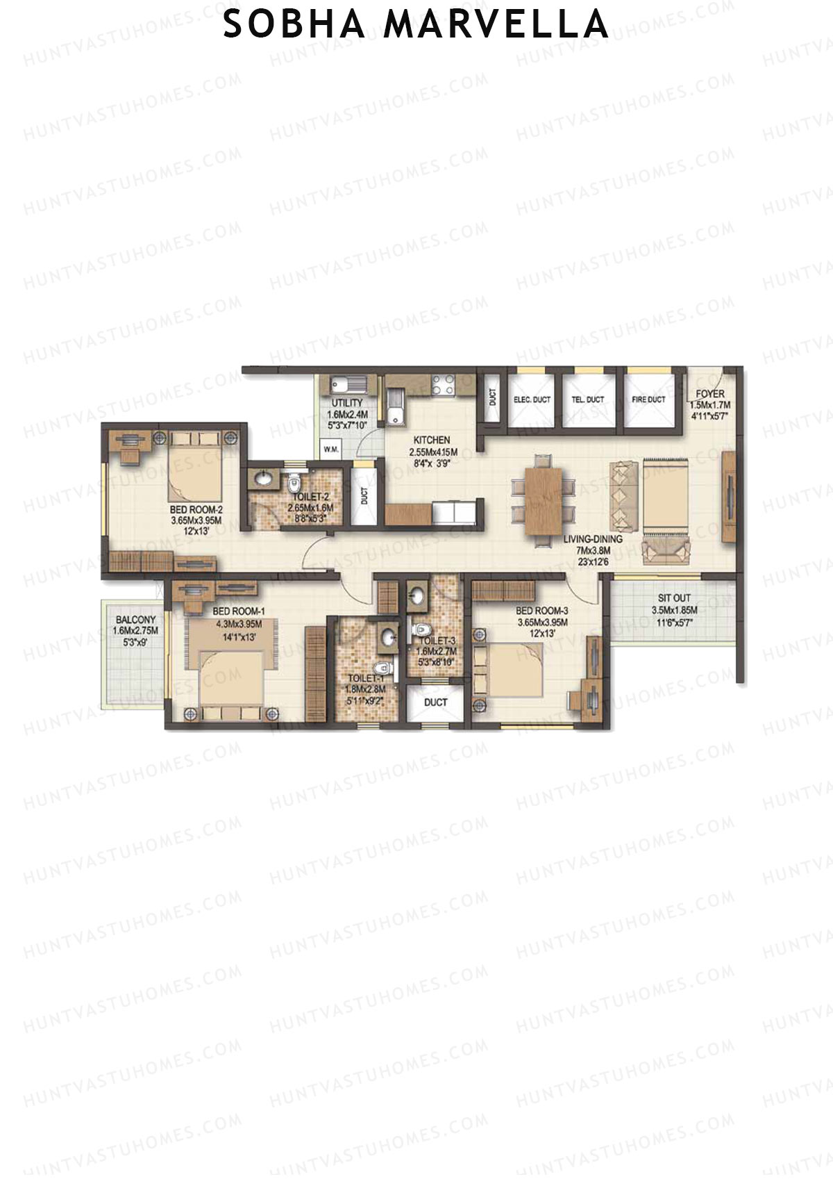 Sobha Marvella Block 2 Unit 4 (Type B1) Floor Plan