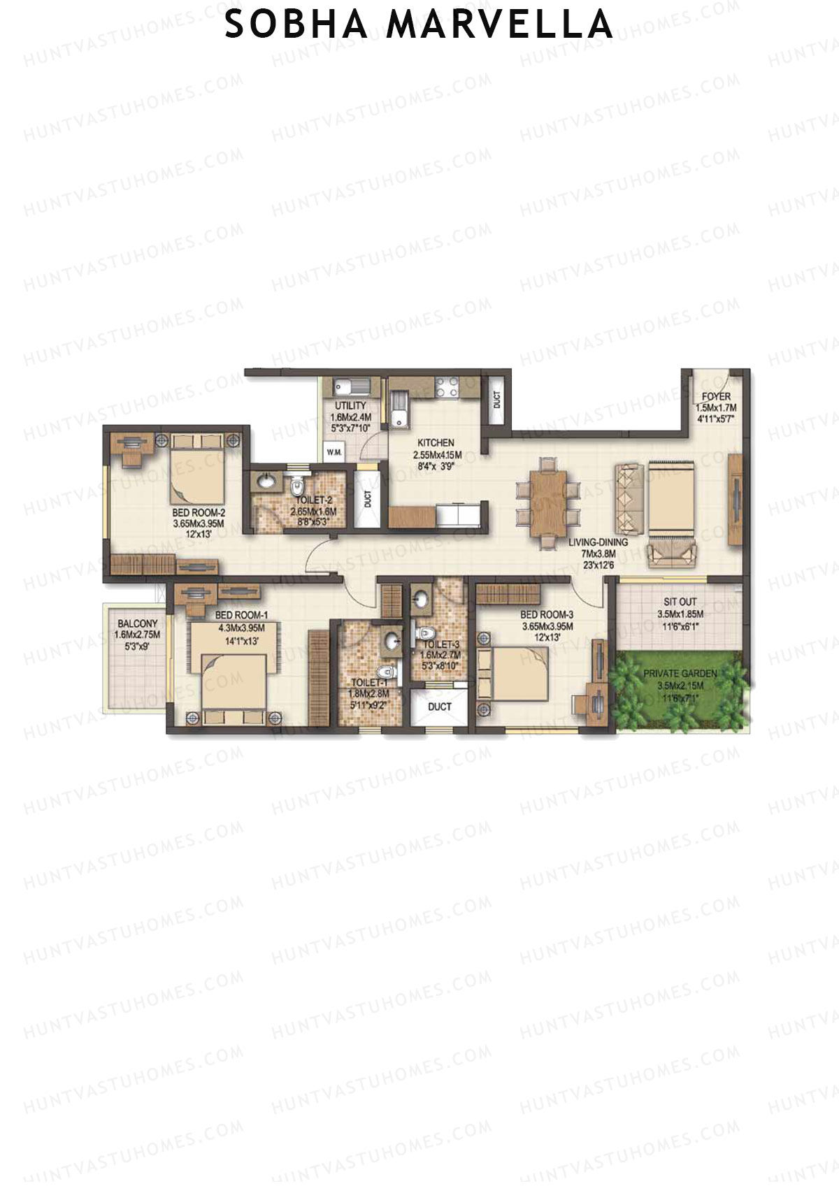 Sobha Marvella Block 2 Unit 4 (Type B) Floor Plan