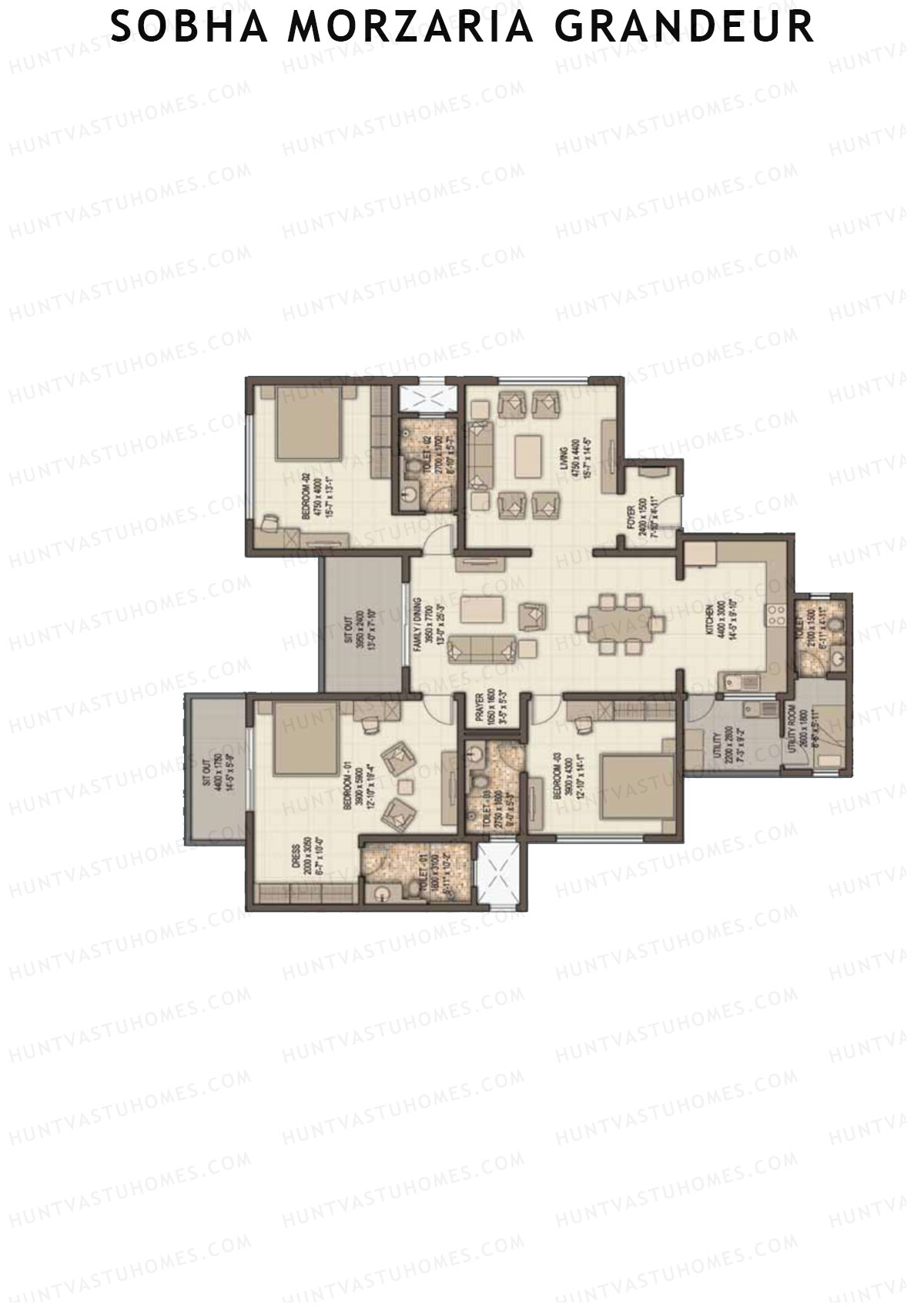 Sobha Morzaria Grandeur Block 2 Unit 1 (Type C1) Floor Plan