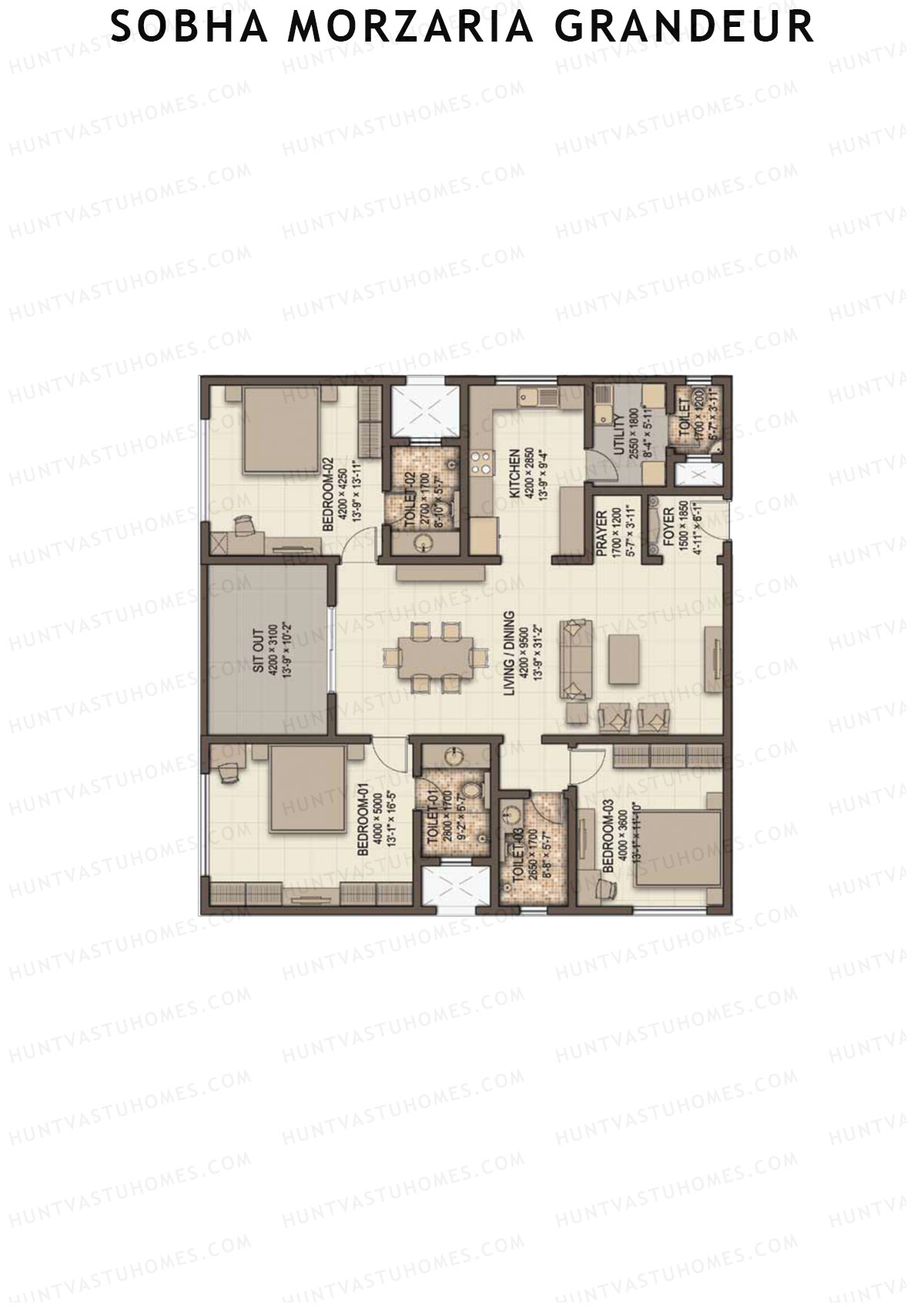 Sobha Morzaria Grandeur Block 2 Unit 2 (Type D) Floor Plan