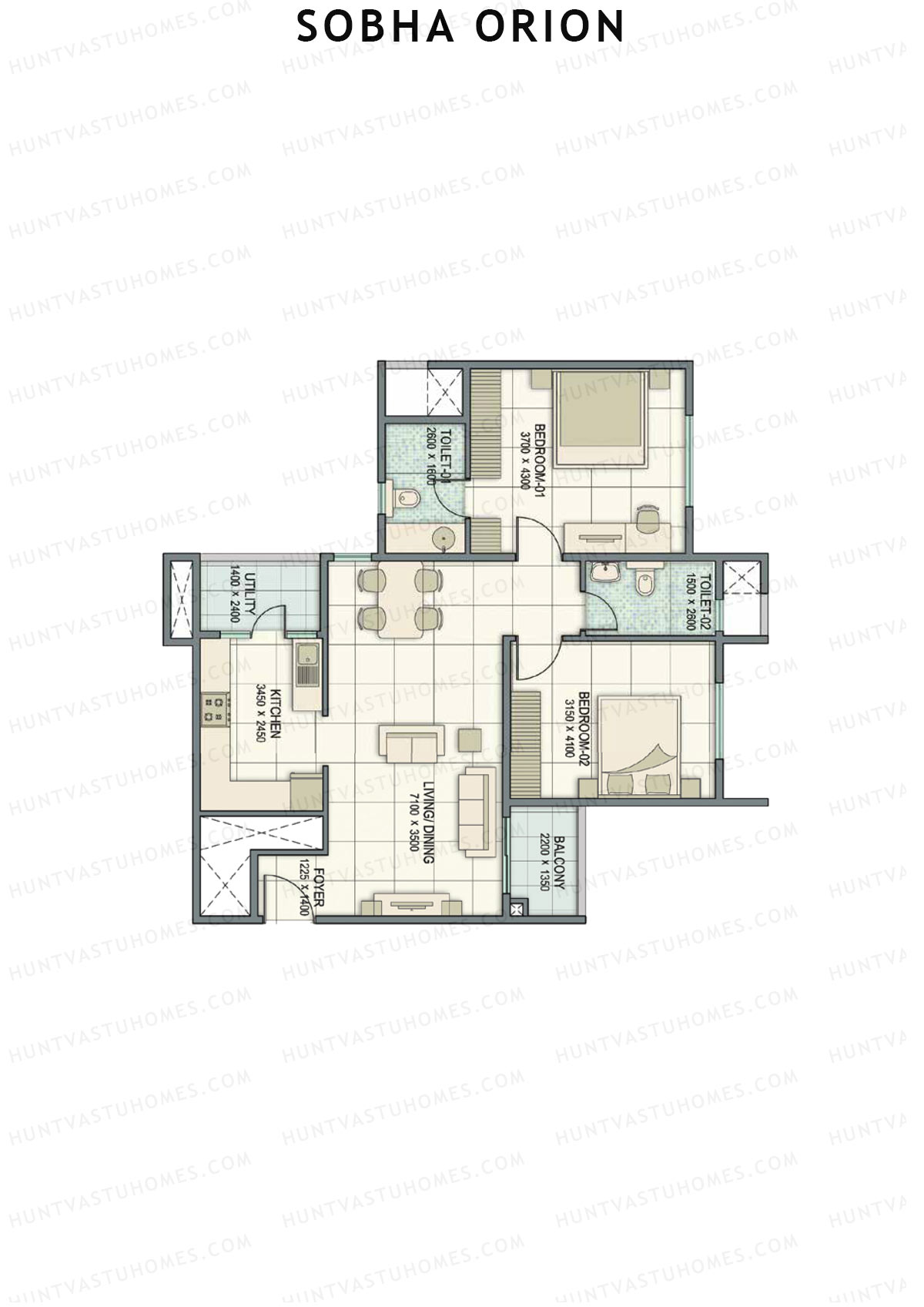 Sobha Orion, Tower 1, Unit 1 (Type A1), 2BHK, Super Area 1192   sq ft 