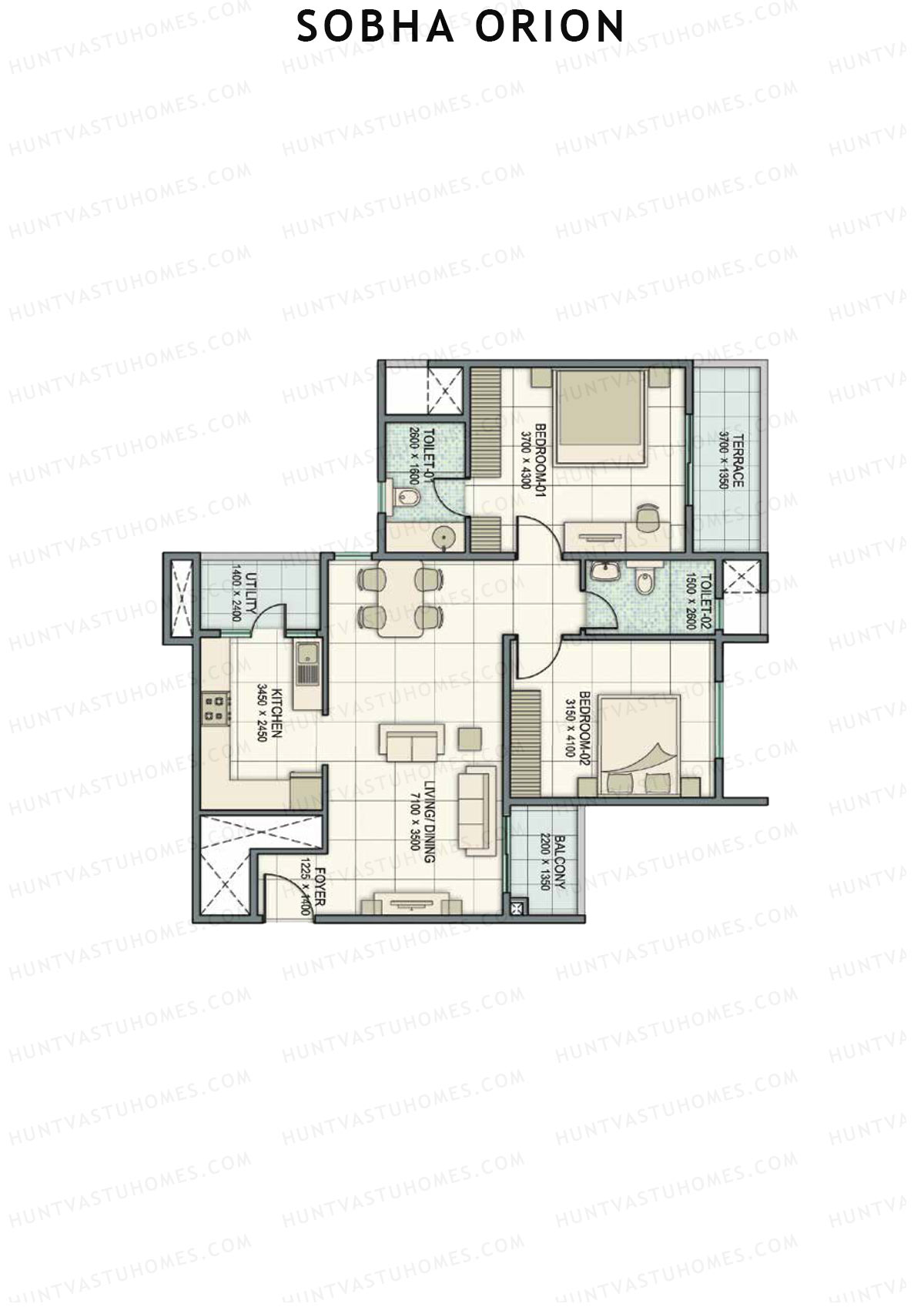 Sobha Orion, Tower 1, Unit 1 (Type A2), 2BHK, Super Area 1254   sq ft 