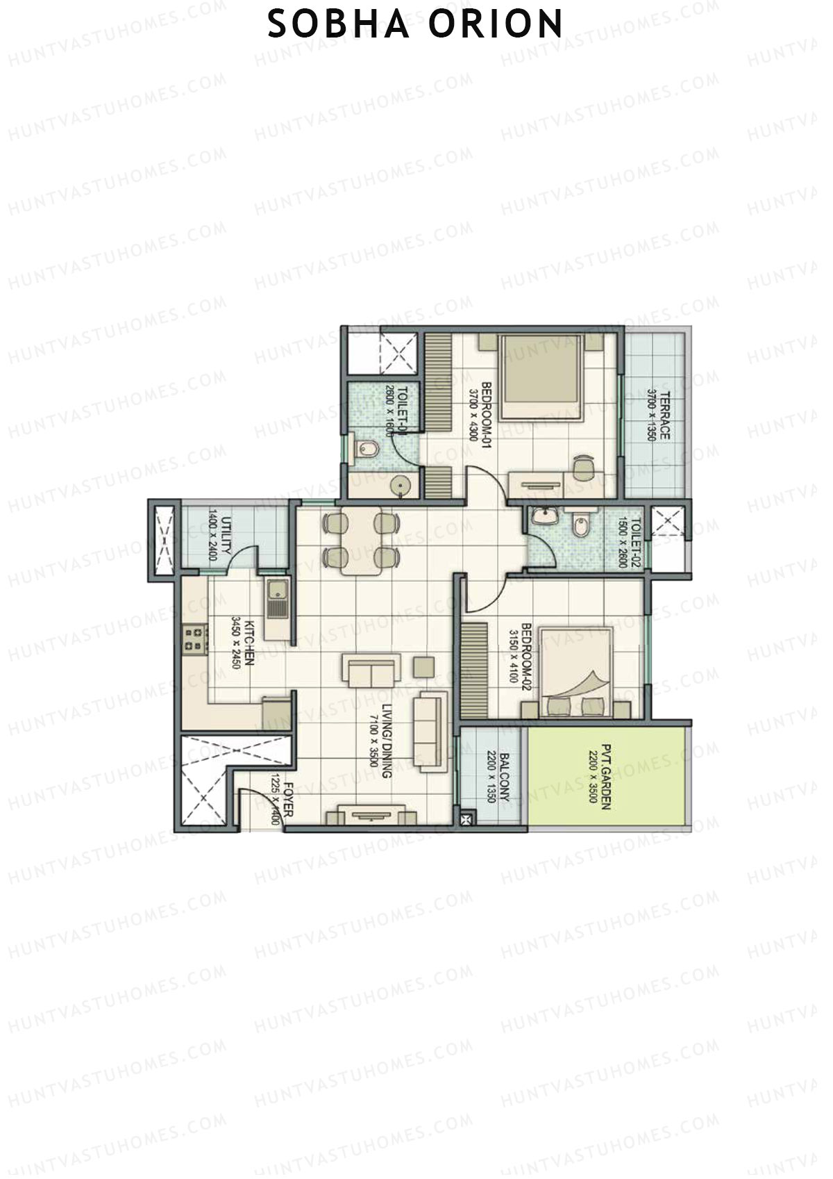 Sobha Orion, Tower 1, Unit 1 (Type A), 2BHK, Super Area 1284   sq ft 