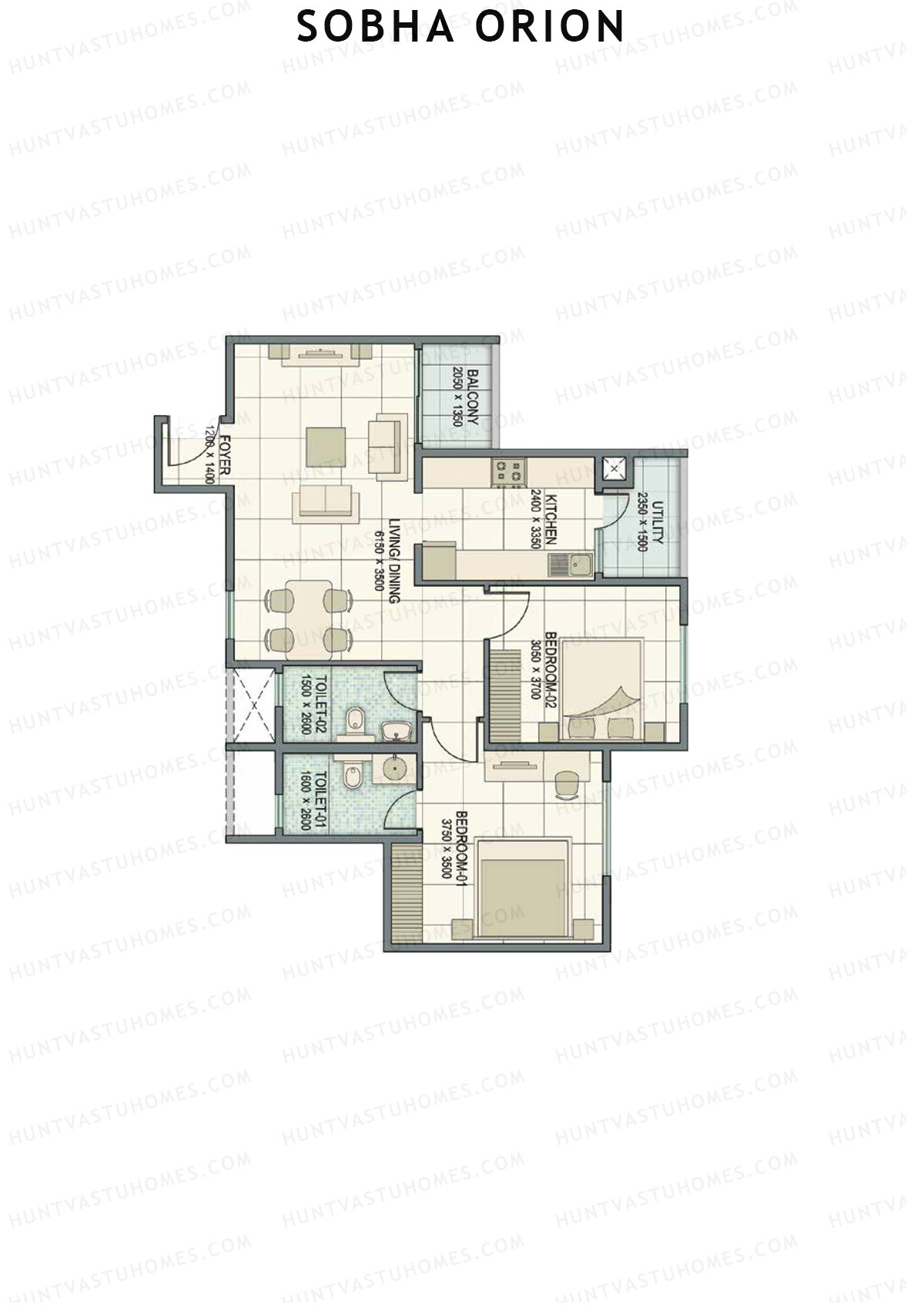 Sobha Orion, Tower 1, Unit 2 (Type B1), 2BHK, Super Area 1111   sq ft 