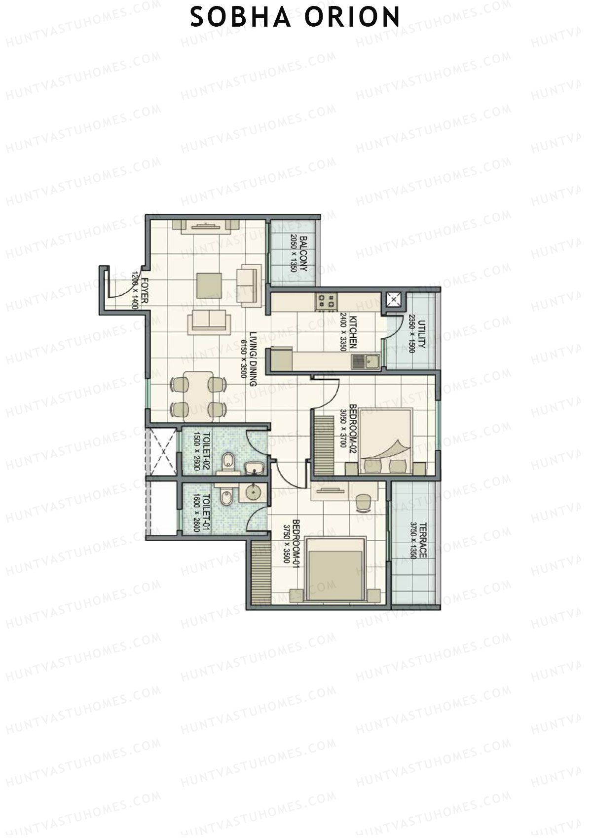 Sobha Orion, Tower 1, Unit 2 (Type B2), 2BHK, Super Area 1173   sq ft 