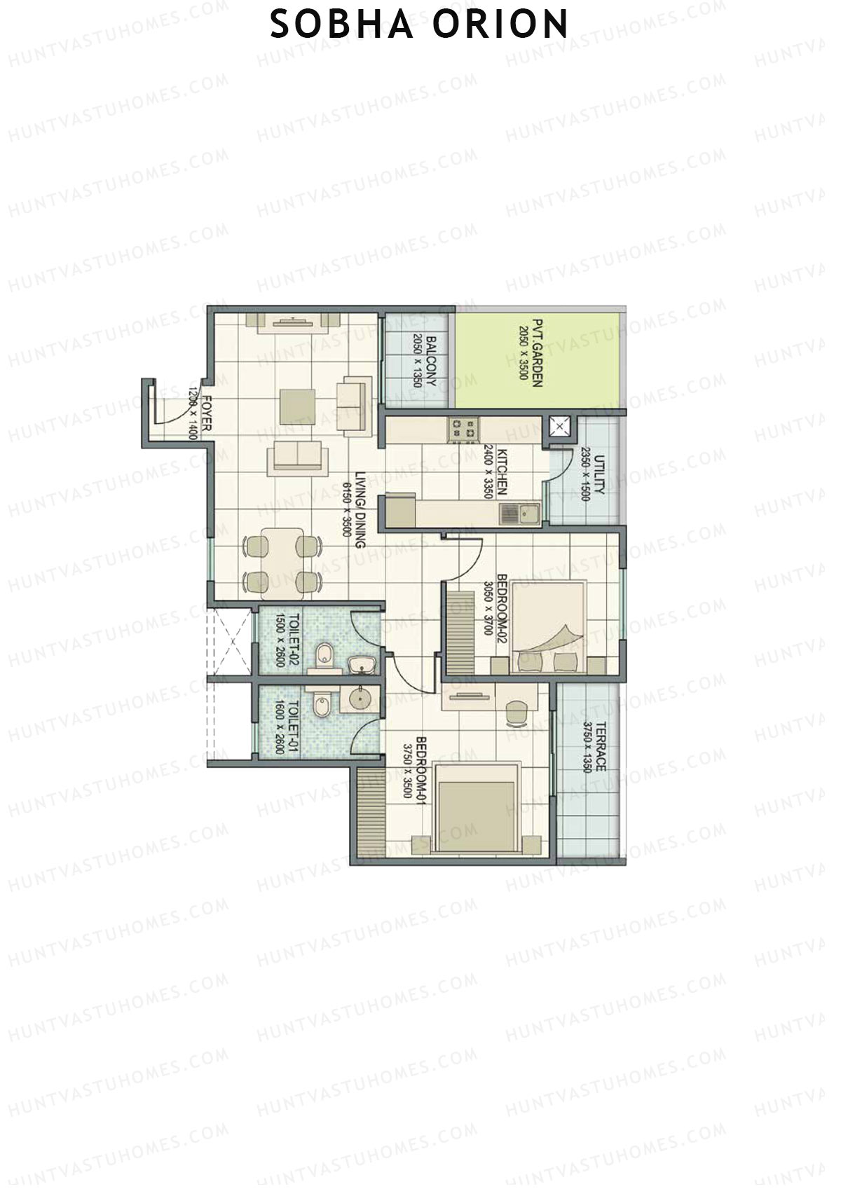 Sobha Orion, Tower 1, Unit 2 (Type B), 2BHK, Super Area 1200   sq ft 