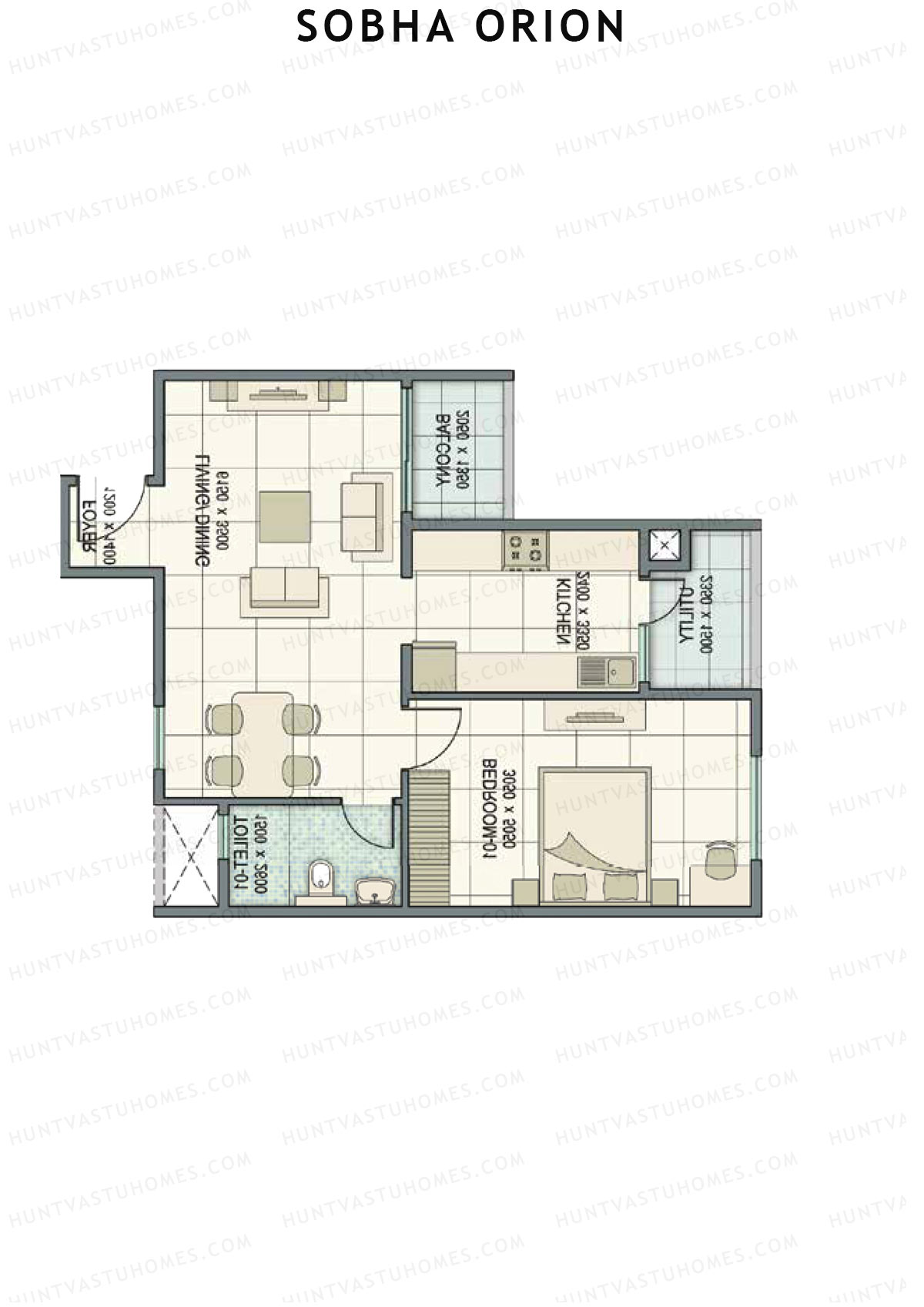 Sobha Orion, Tower 1, Unit 2 (Type D1), 1BHK, Super Area 837   sq ft 