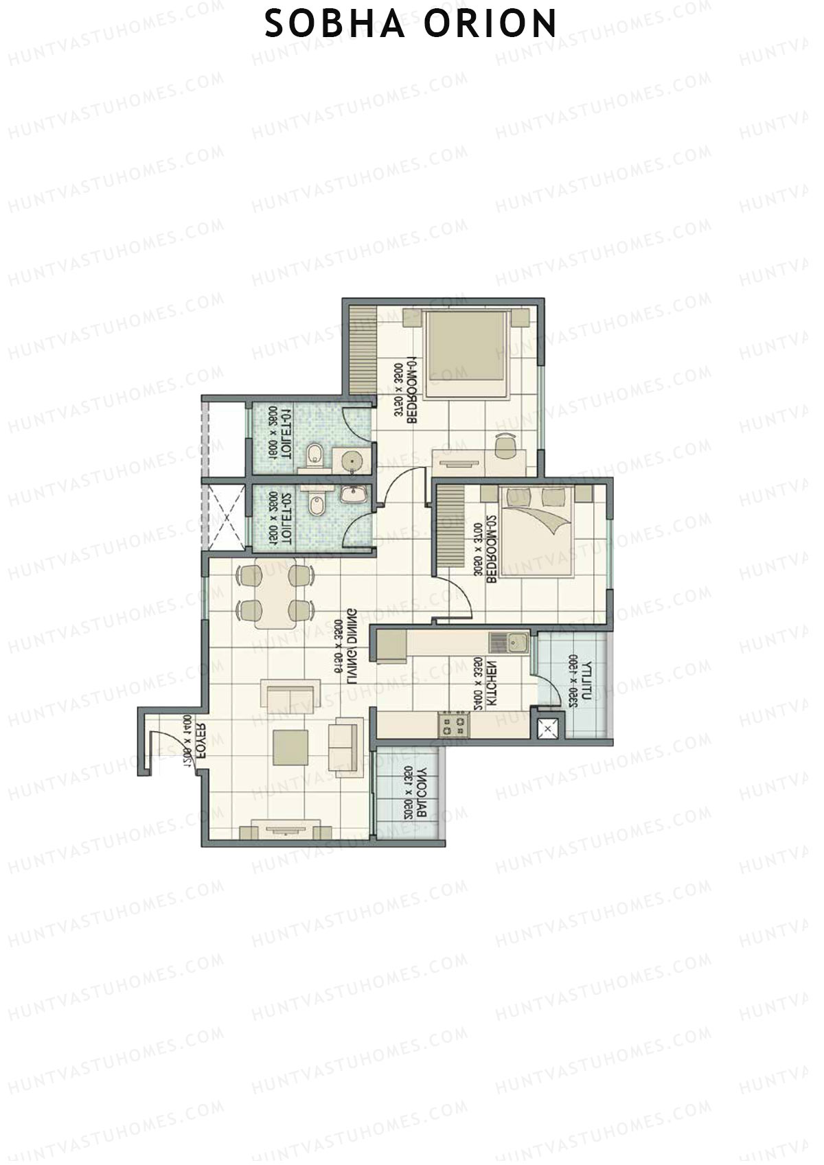 Sobha Orion, Tower 1, Unit 3 (Type B1), 2BHK, Super Area 1111   sq ft 