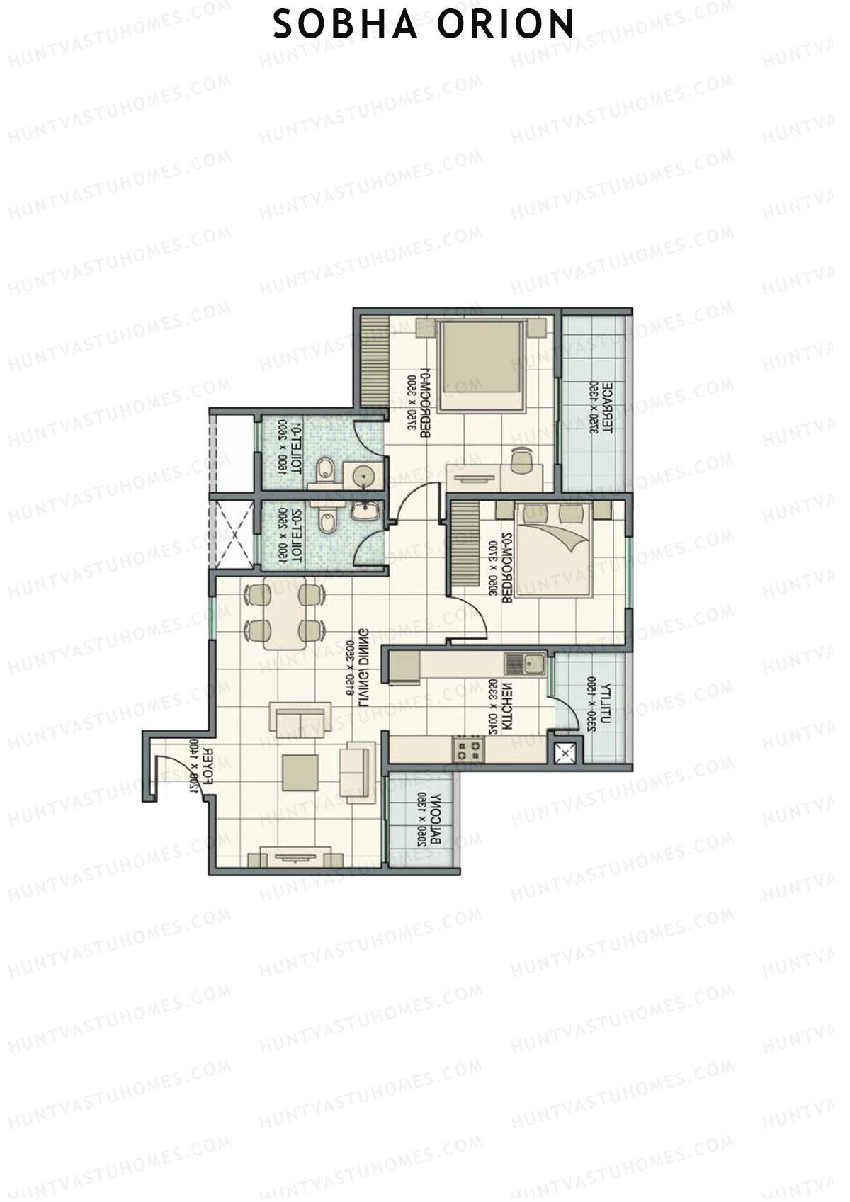 Sobha Orion, Tower 1, Unit 3 (Type B2), 2BHK, Super Area 1173   sq ft 