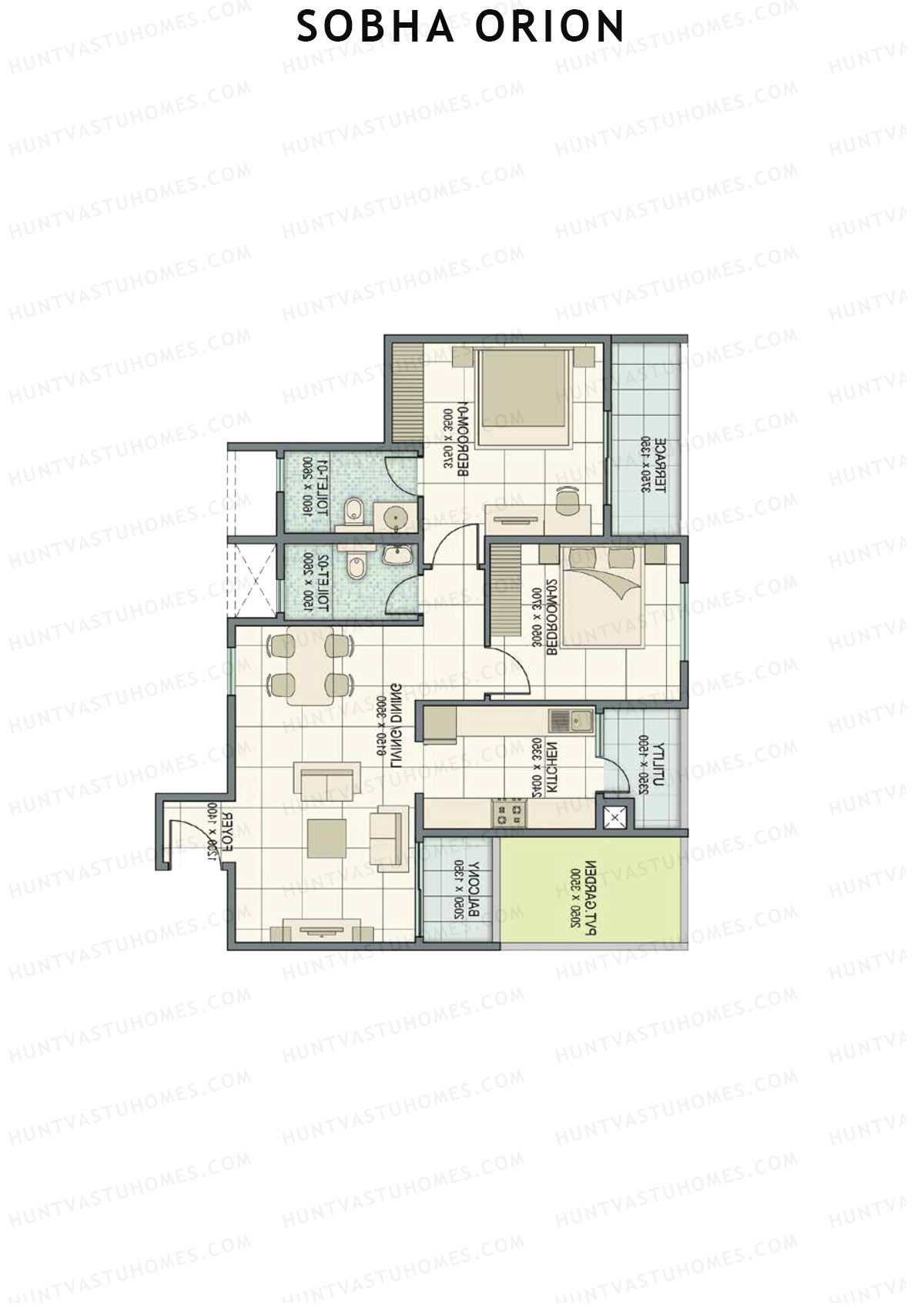 Sobha Orion, Tower 1, Unit 3 (Type B), 2BHK, Super Area 1200   sq ft 