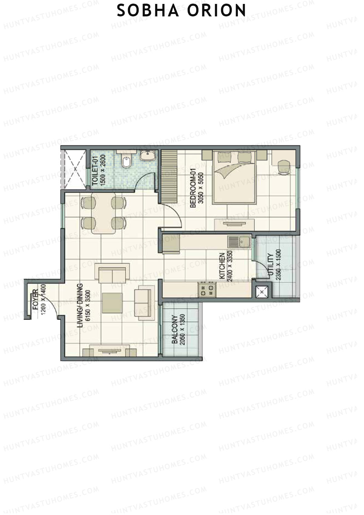 Sobha Orion, Tower 1, Unit 3 (Type D1), 1BHK, Super Area 837   sq ft 
