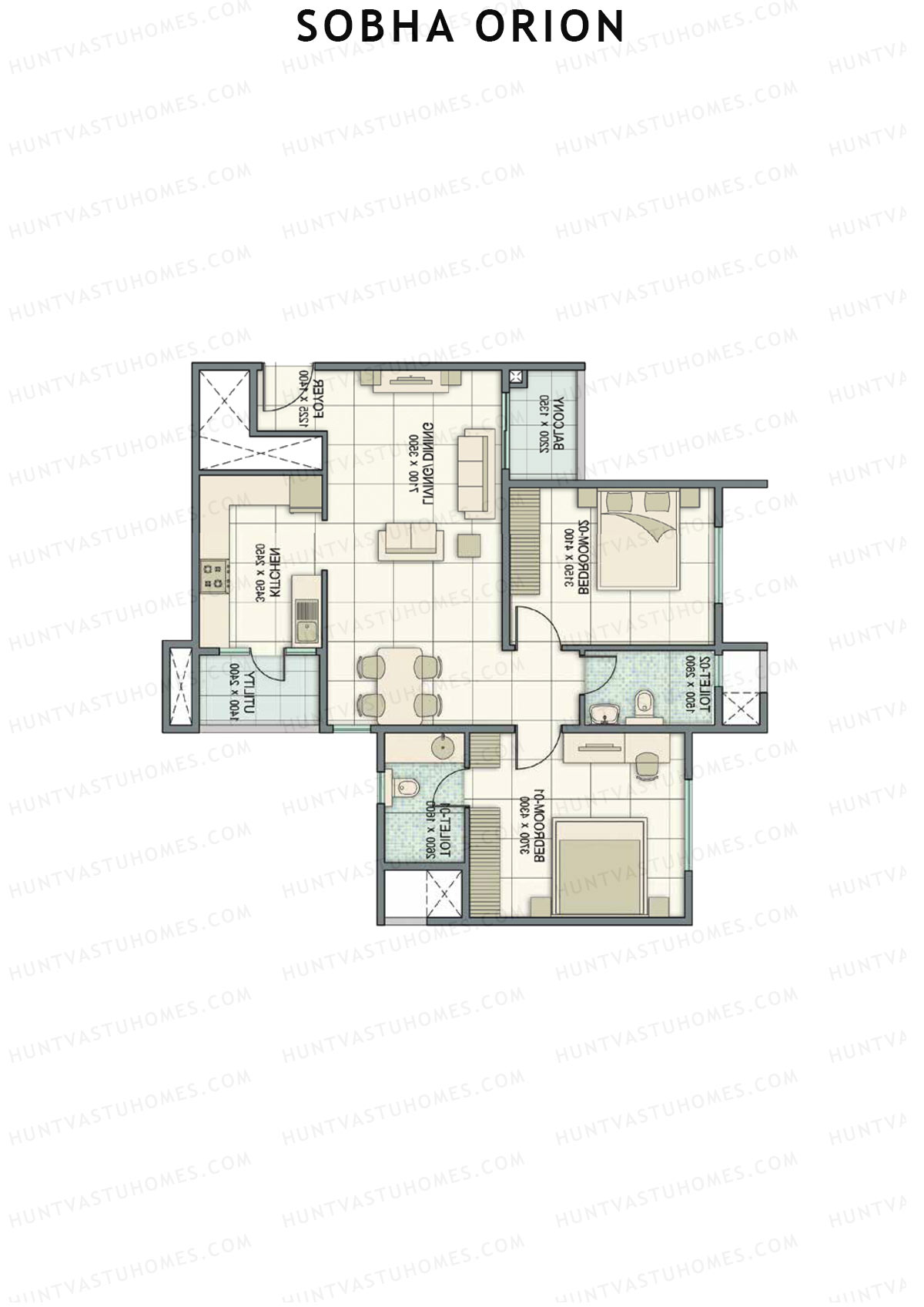 Sobha Orion, Tower 1, Unit 4 (Type A1), 2BHK, Super Area 1192   sq ft 