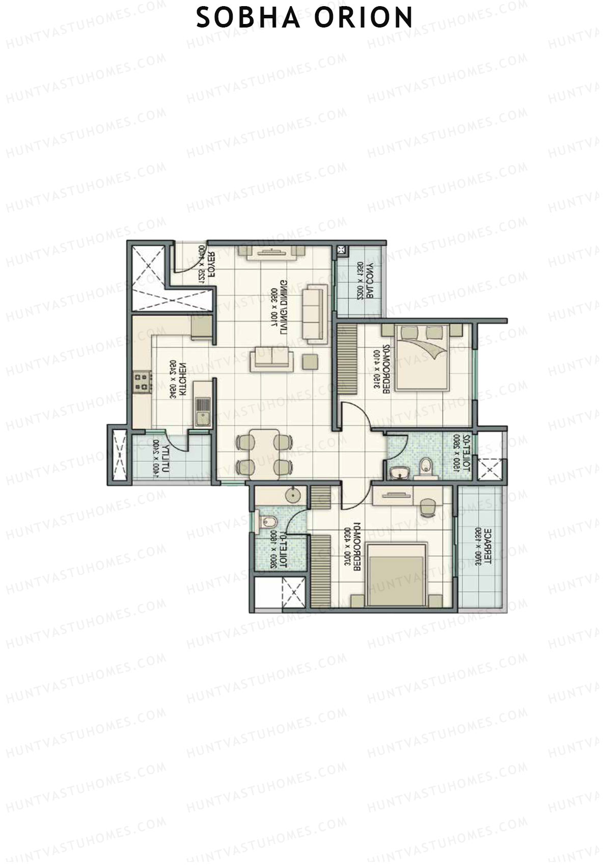 Sobha Orion, Tower 1, Unit 4 (Type A2), 2BHK, Super Area 1254   sq ft 