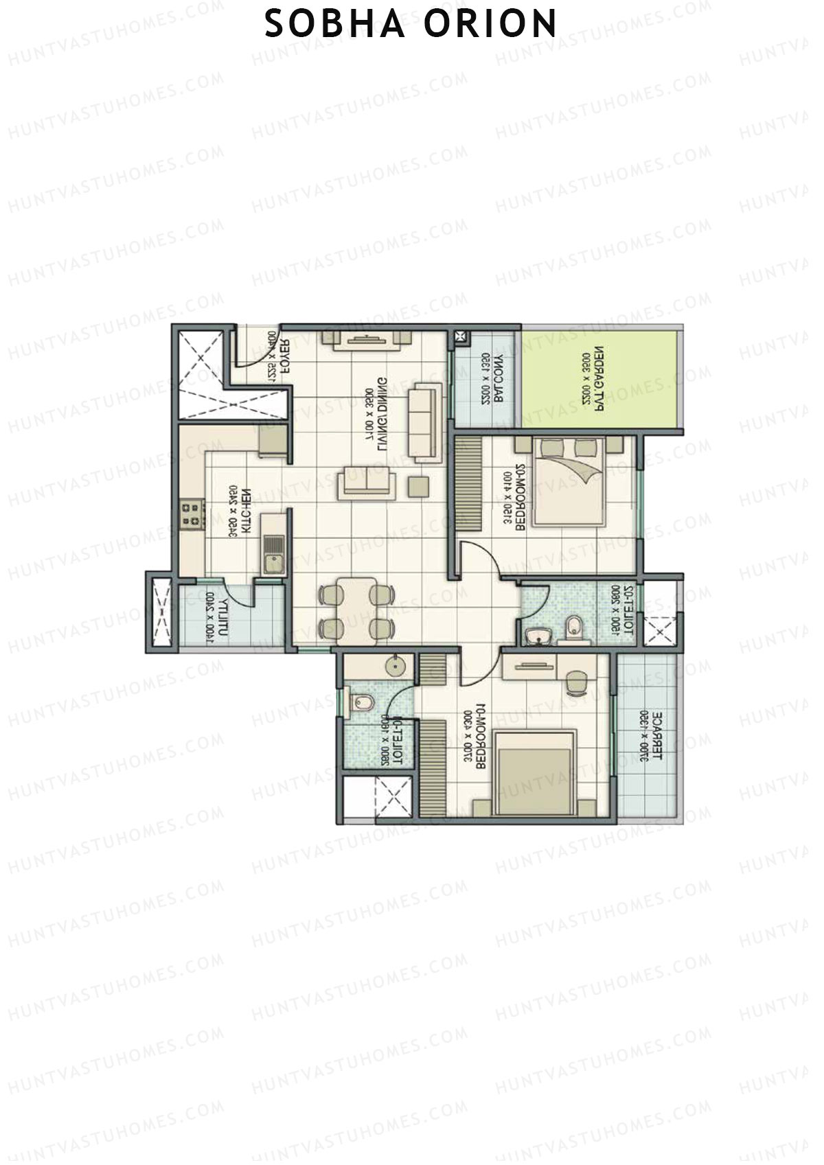 Sobha Orion, Tower 1, Unit 4 (Type A), 2BHK, Super Area 1284   sq ft 