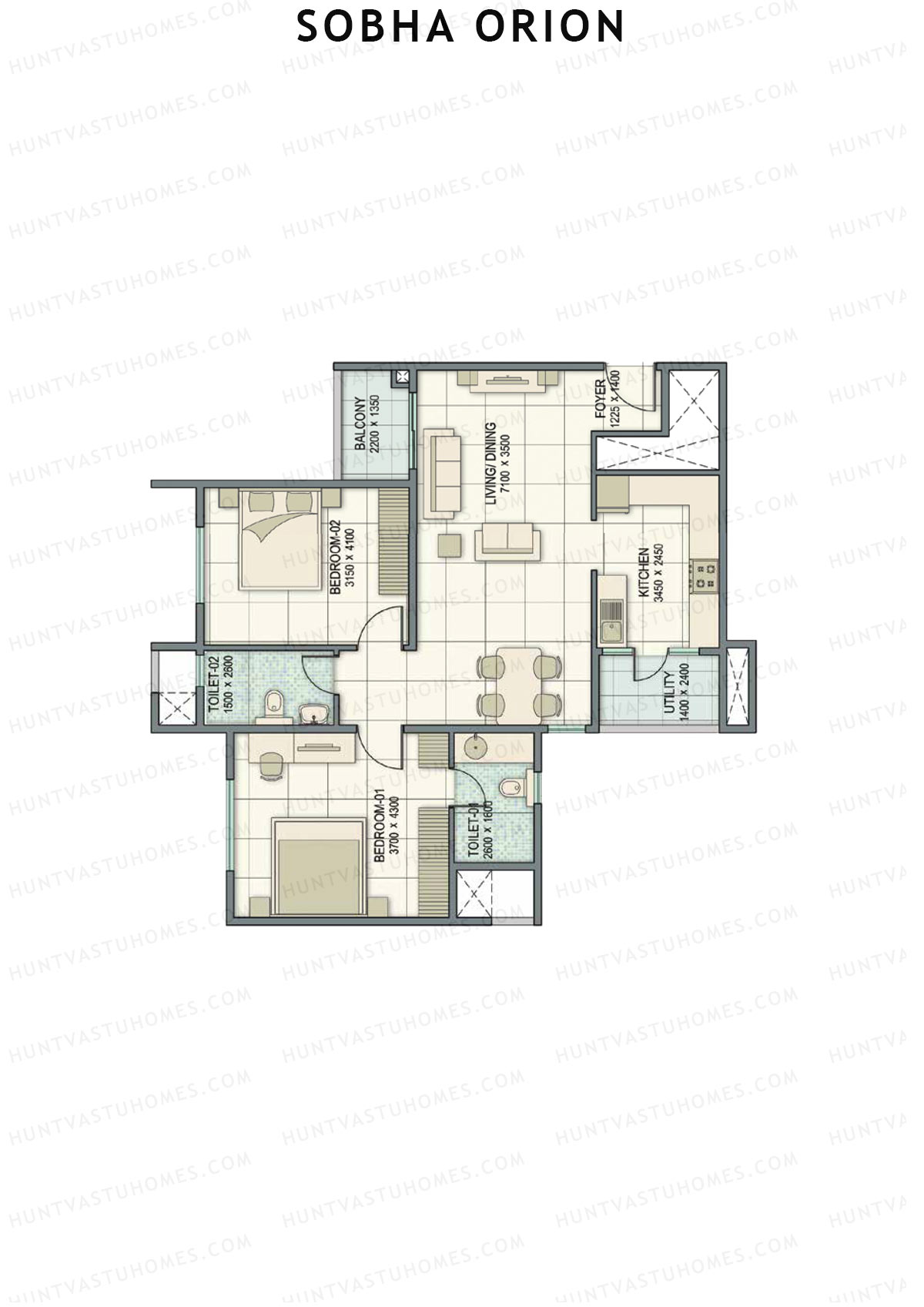 Sobha Orion, Tower 1, Unit 5 (Type A1), 2BHK, Super Area 1192   sq ft 