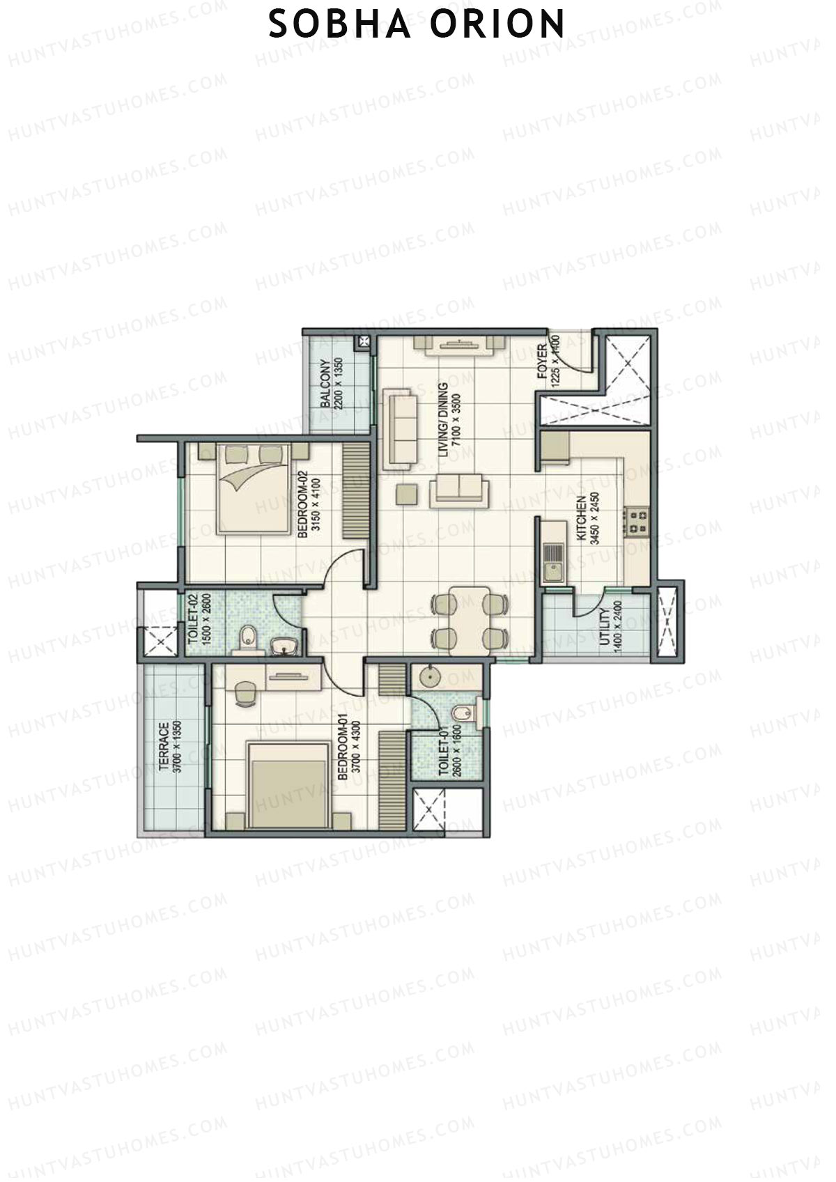 Sobha Orion, Tower 1, Unit 5 (Type A2), 2BHK, Super Area 1254   sq ft 