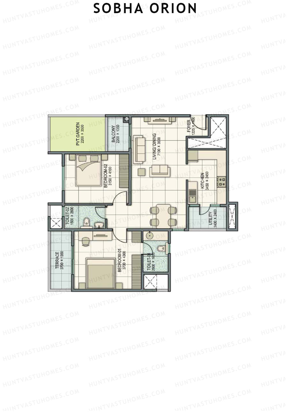 Sobha Orion, Tower 1, Unit 5 (Type A), 2BHK, Super Area 1284   sq ft 