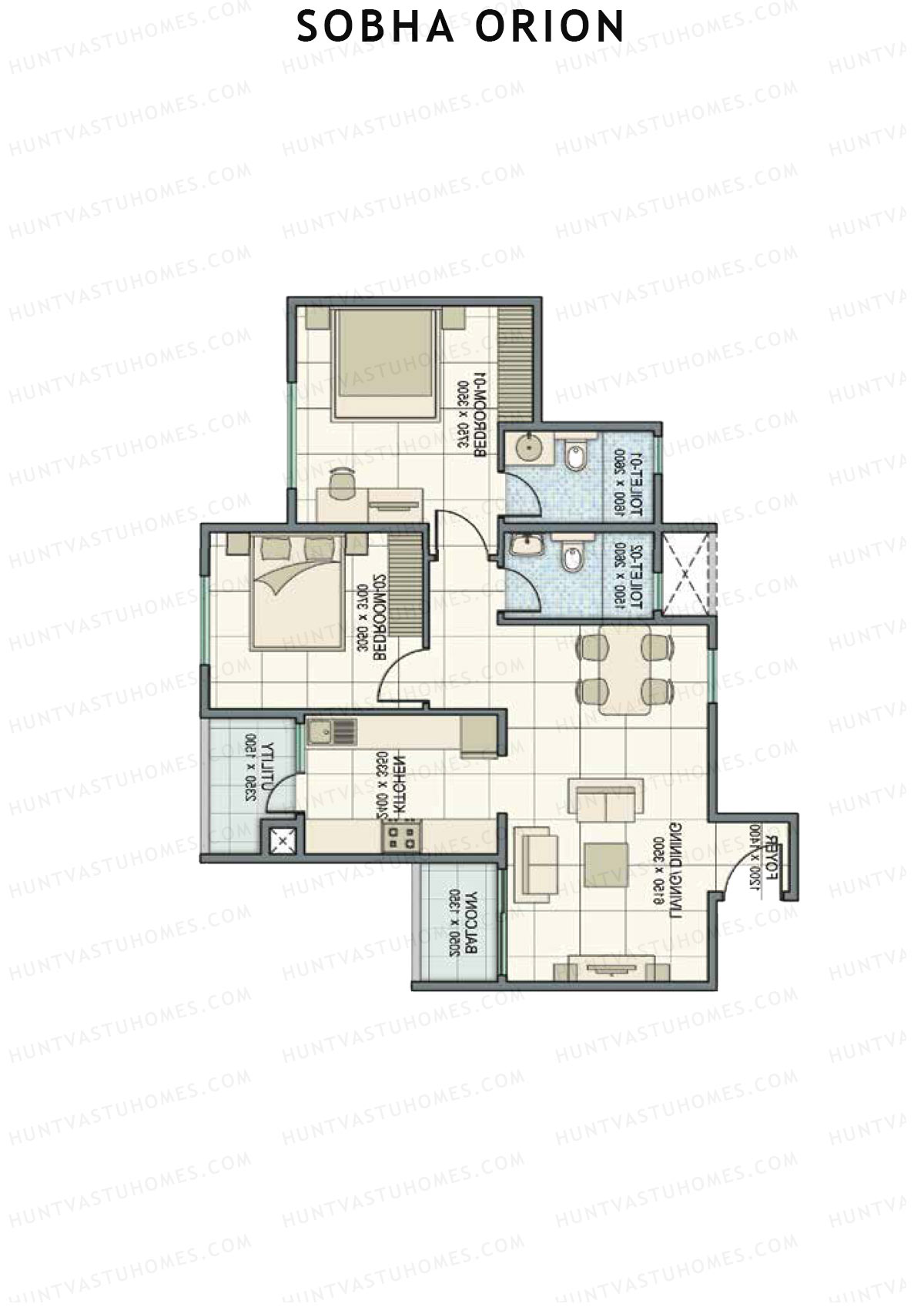Sobha Orion, Tower 1, Unit 6 (Type C1), 2BHK, Super Area 1103   sq ft 