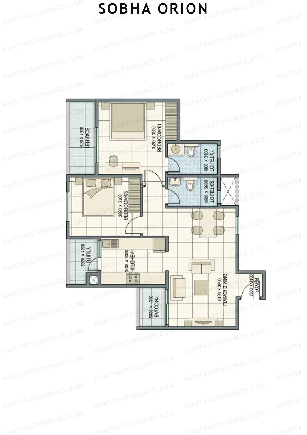 Sobha Orion, Tower 1, Unit 6 (Type C), 2BHK, Super Area 1165   sq ft 