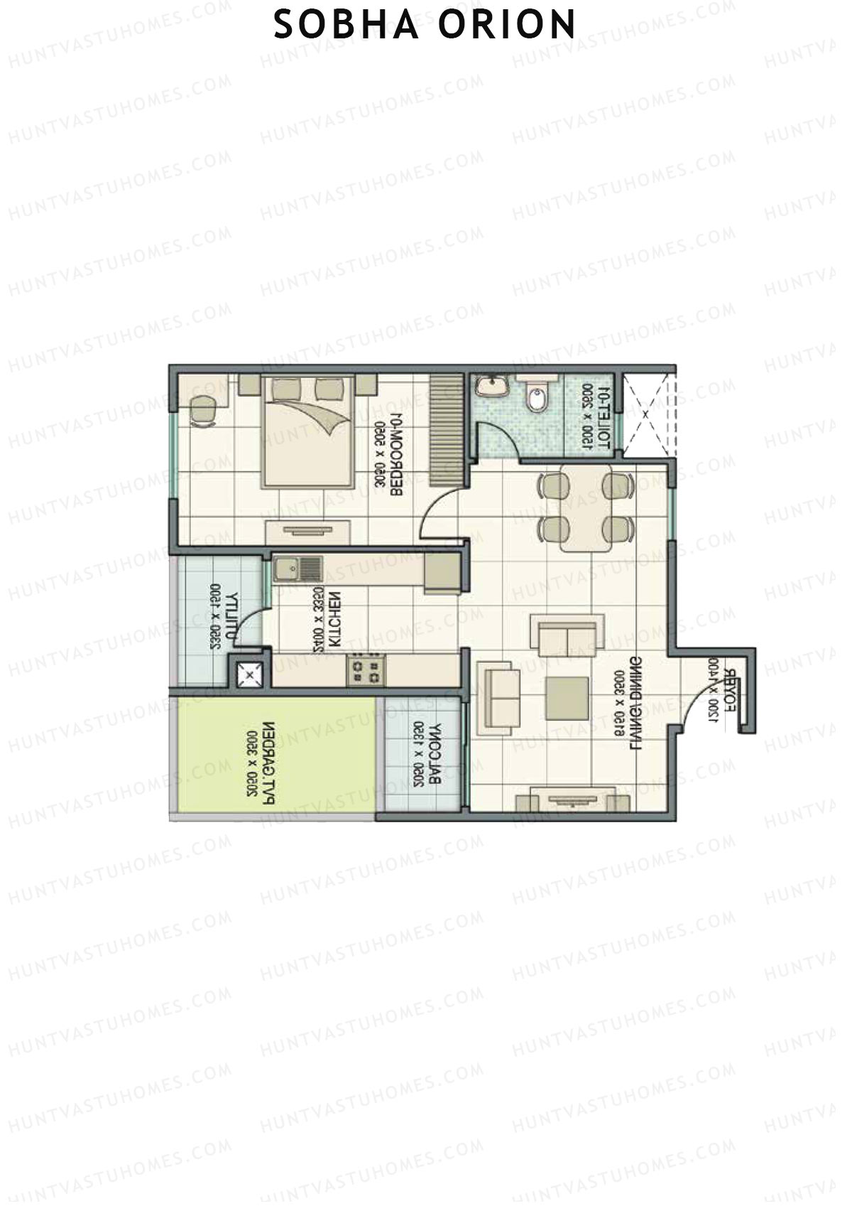 Sobha Orion, Tower 1, Unit 6 (Type D), 1BHK, Super Area 865   sq ft 