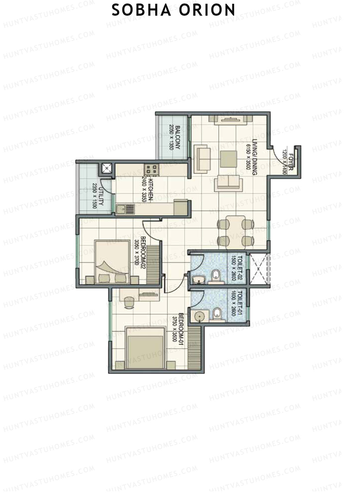 Sobha Orion, Tower 1, Unit 7 (Type C1), 2BHK, Super Area 1103   sq ft 