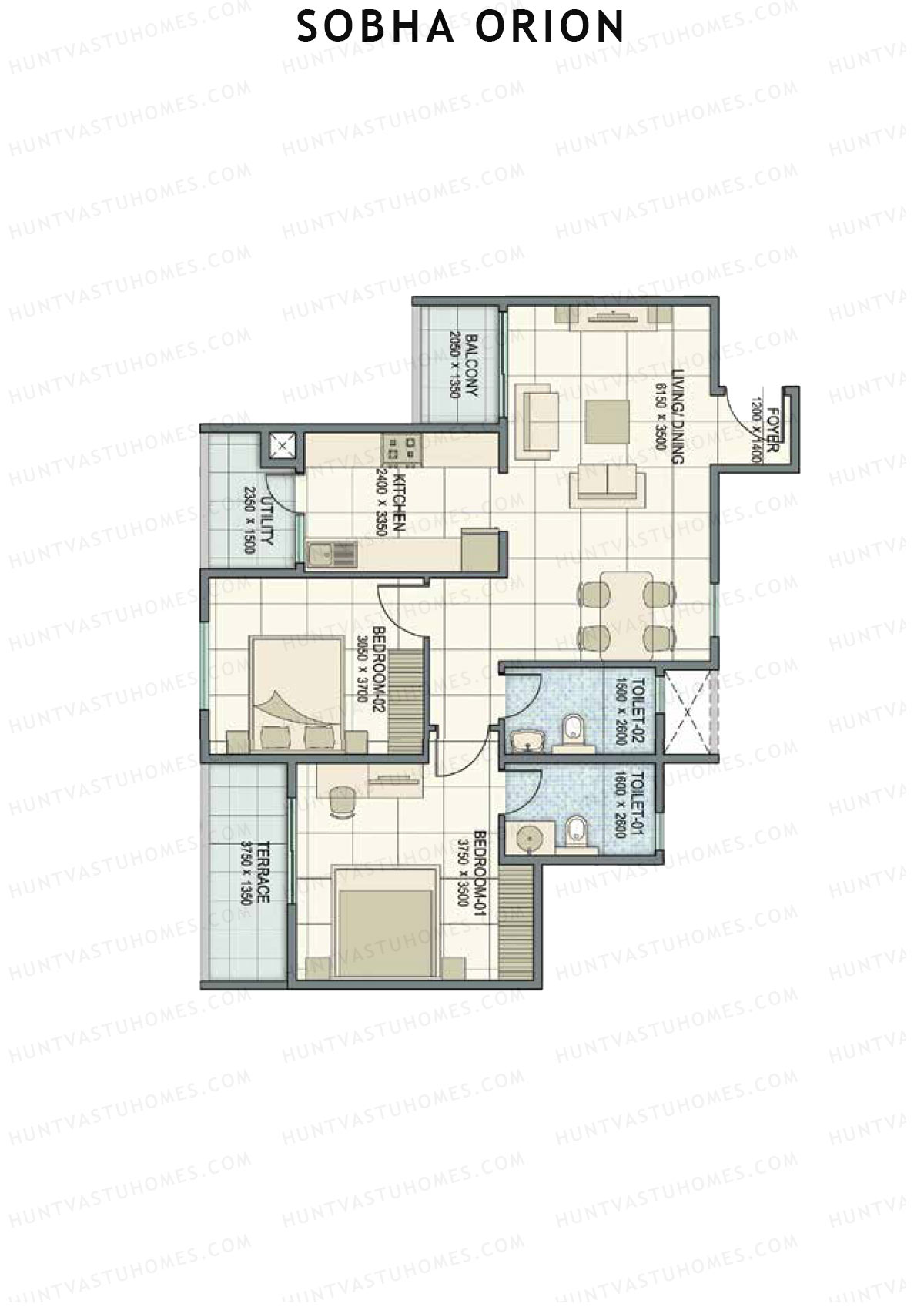 Sobha Orion, Tower 1, Unit 7 (Type C), 2BHK, Super Area 1165   sq ft 