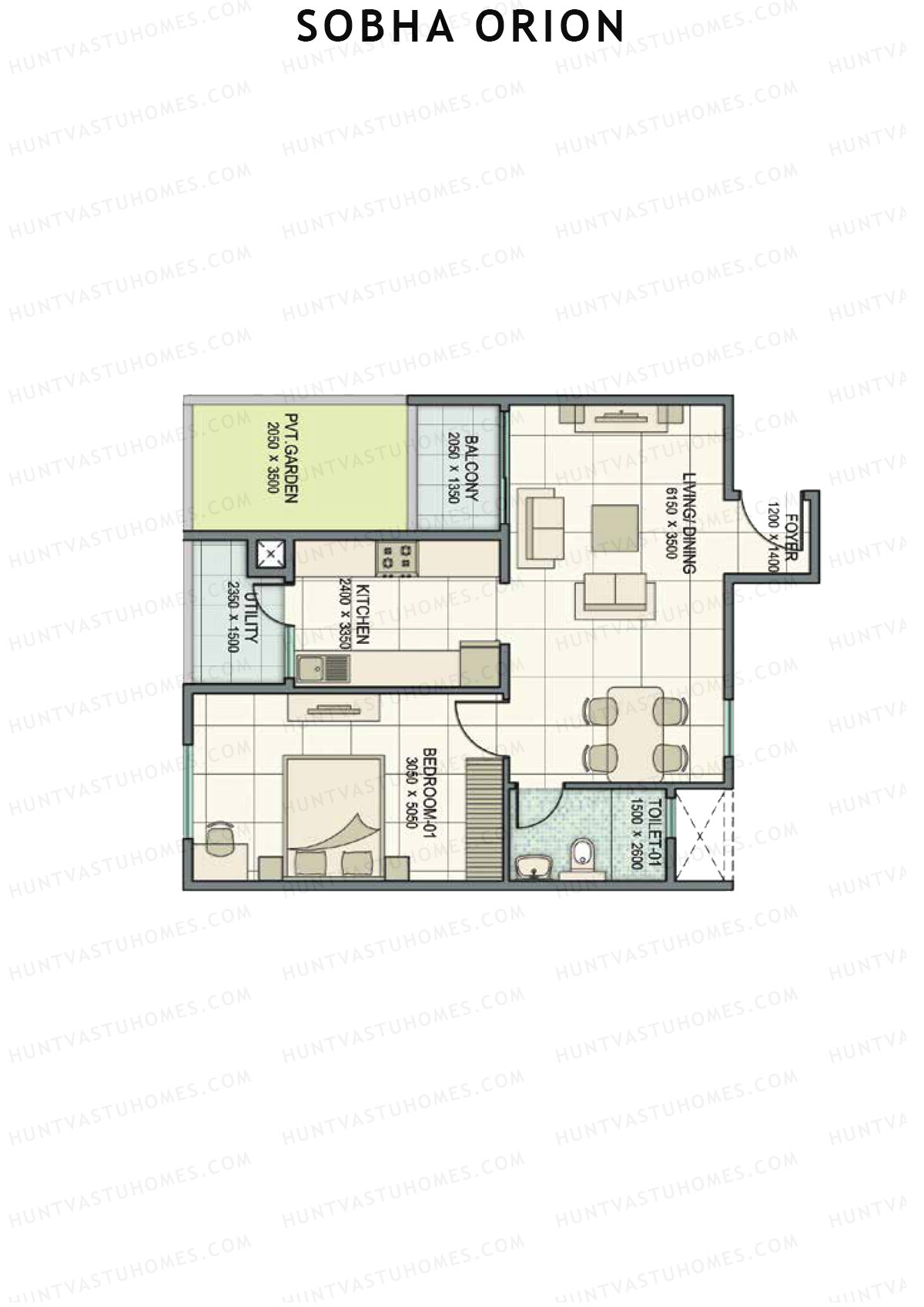 Sobha Orion, Tower 1, Unit 7 (Type D), 1BHK, Super Area 865   sq ft 