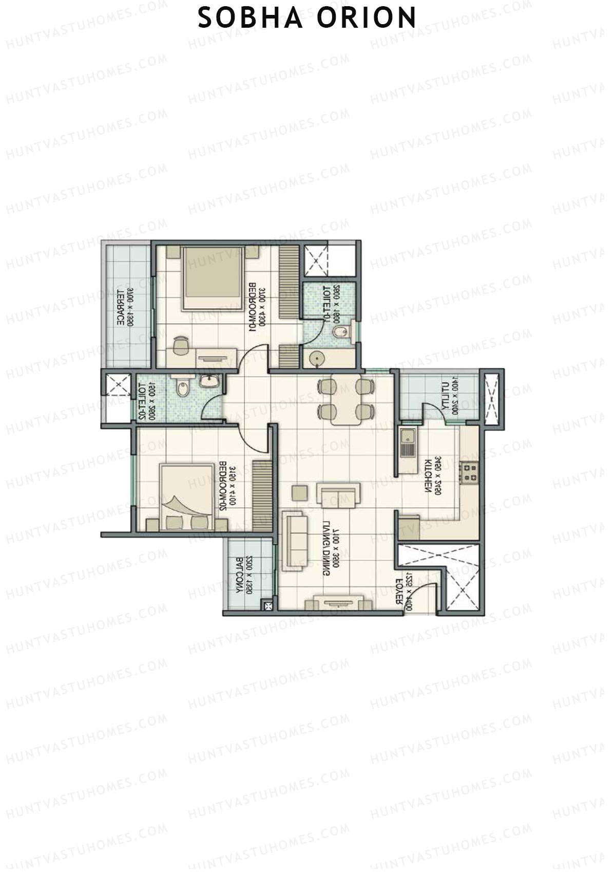 Sobha Orion, Tower 1, Unit 8 (Type A2), 2BHK, Super Area 1254   sq ft 