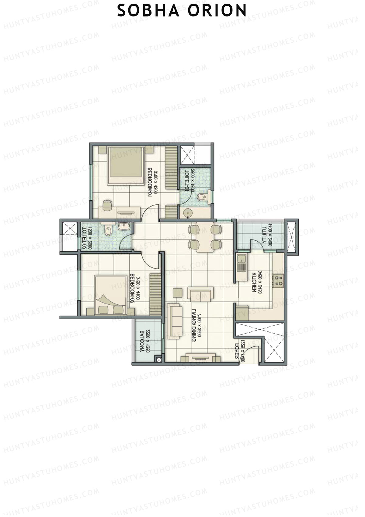 Sobha Orion, Tower 1, Unit 8 (Type A), 2BHK, Super Area 1284   sq ft 