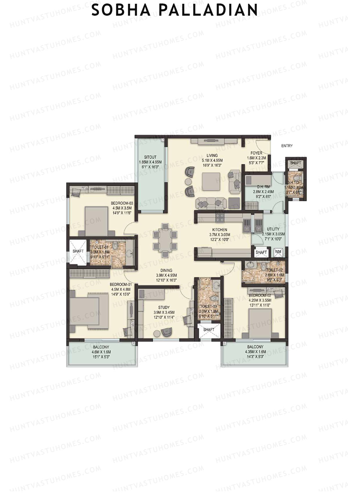 Sobha Palladian Block 2 Unit 5 (Type E3) Floor Plan