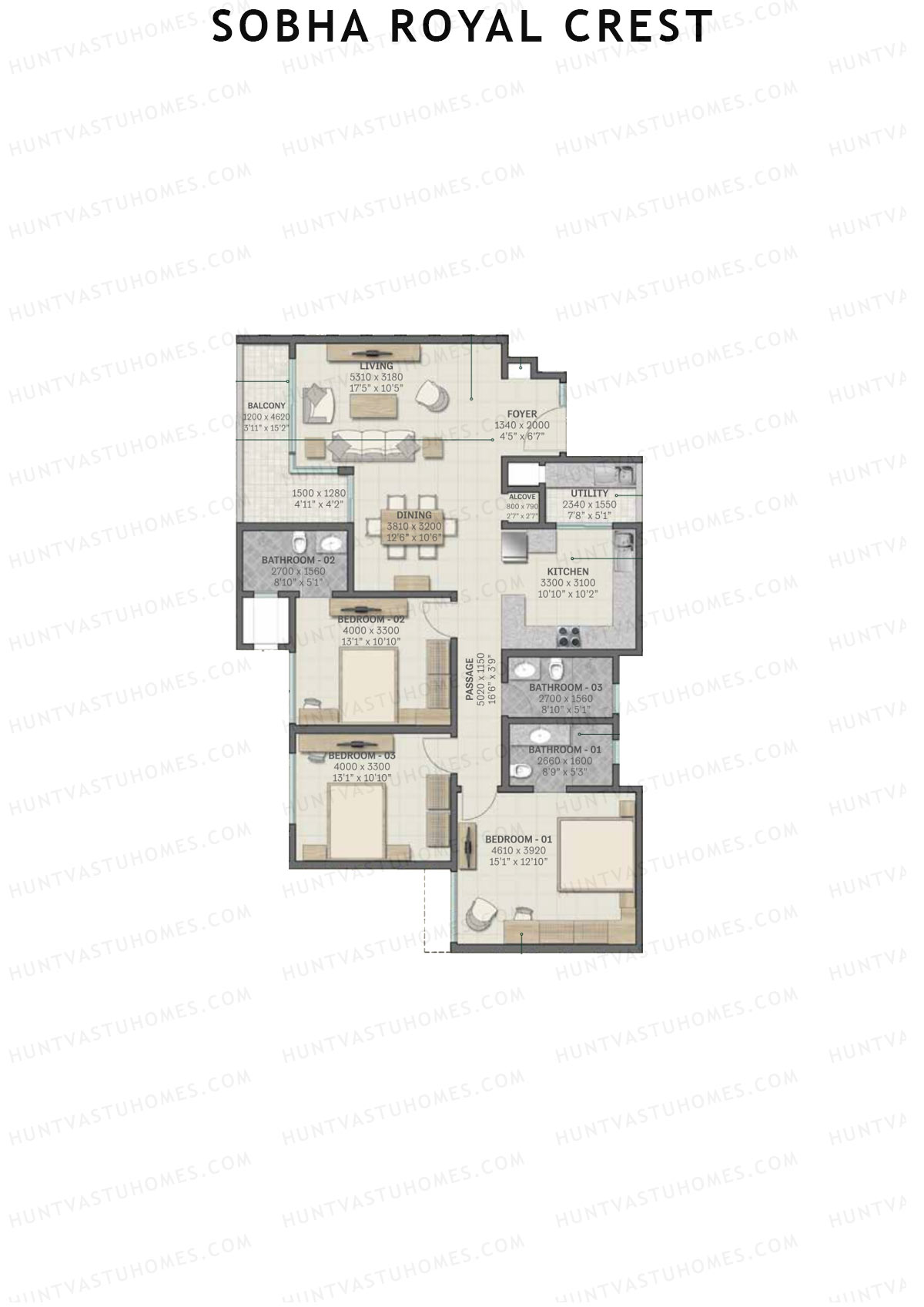 Sobha Royal Crest Wing 1 Unit 1 (Type B1) Floor Plan