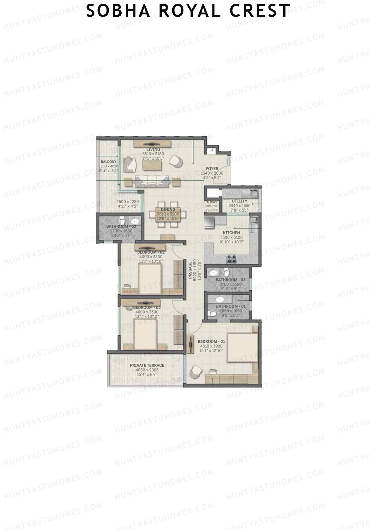 Sobha Royal Crest Wing 1 Unit 1 (Type B2) Floor Plan