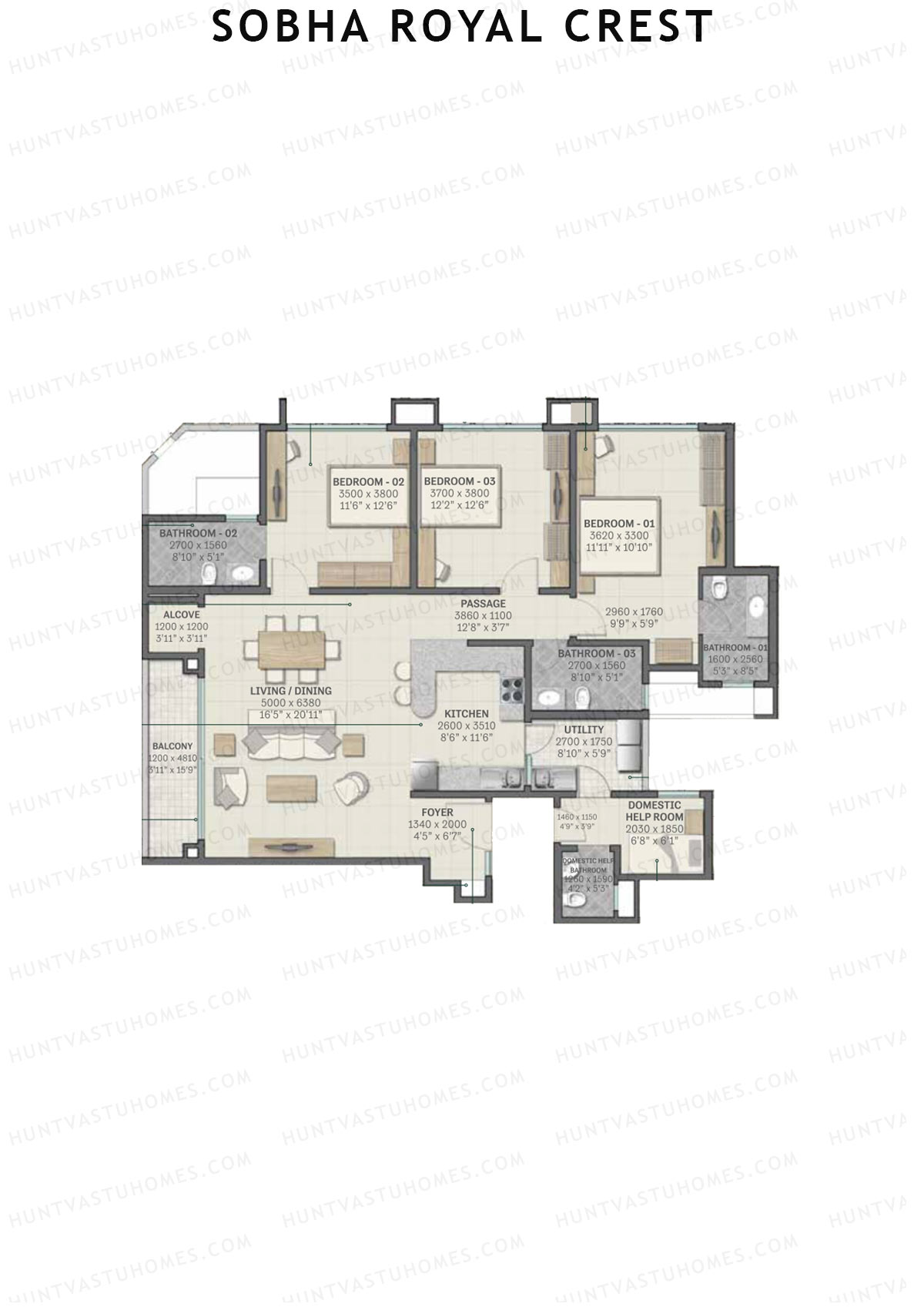 Sobha Royal Crest Wing 1 Unit 2 (Type A3) Floor Plan