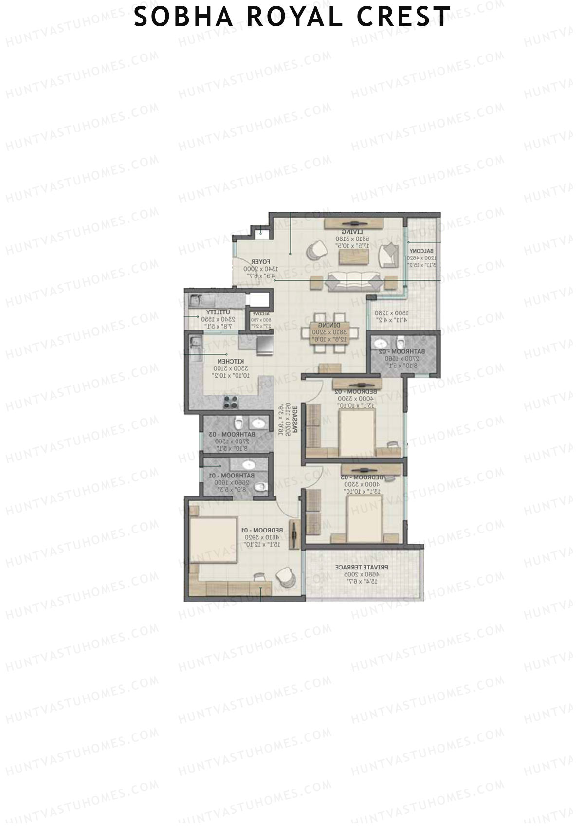 Sobha Royal Crest Wing 1 Unit 4 (Type B2) Floor Plan