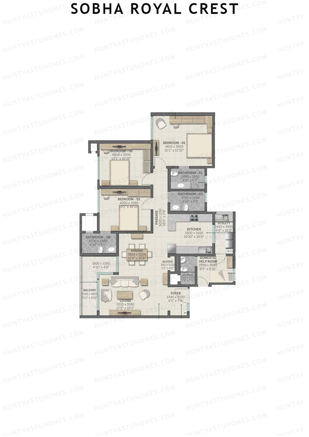 Sobha Royal Crest Wing 2 Unit 1 (Type C2) Floor Plan