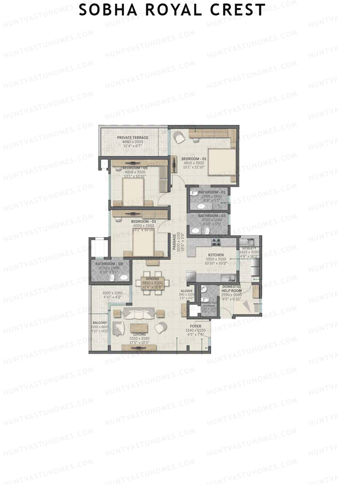 Sobha Royal Crest Wing 2 Unit 1 (Type C3) Floor Plan