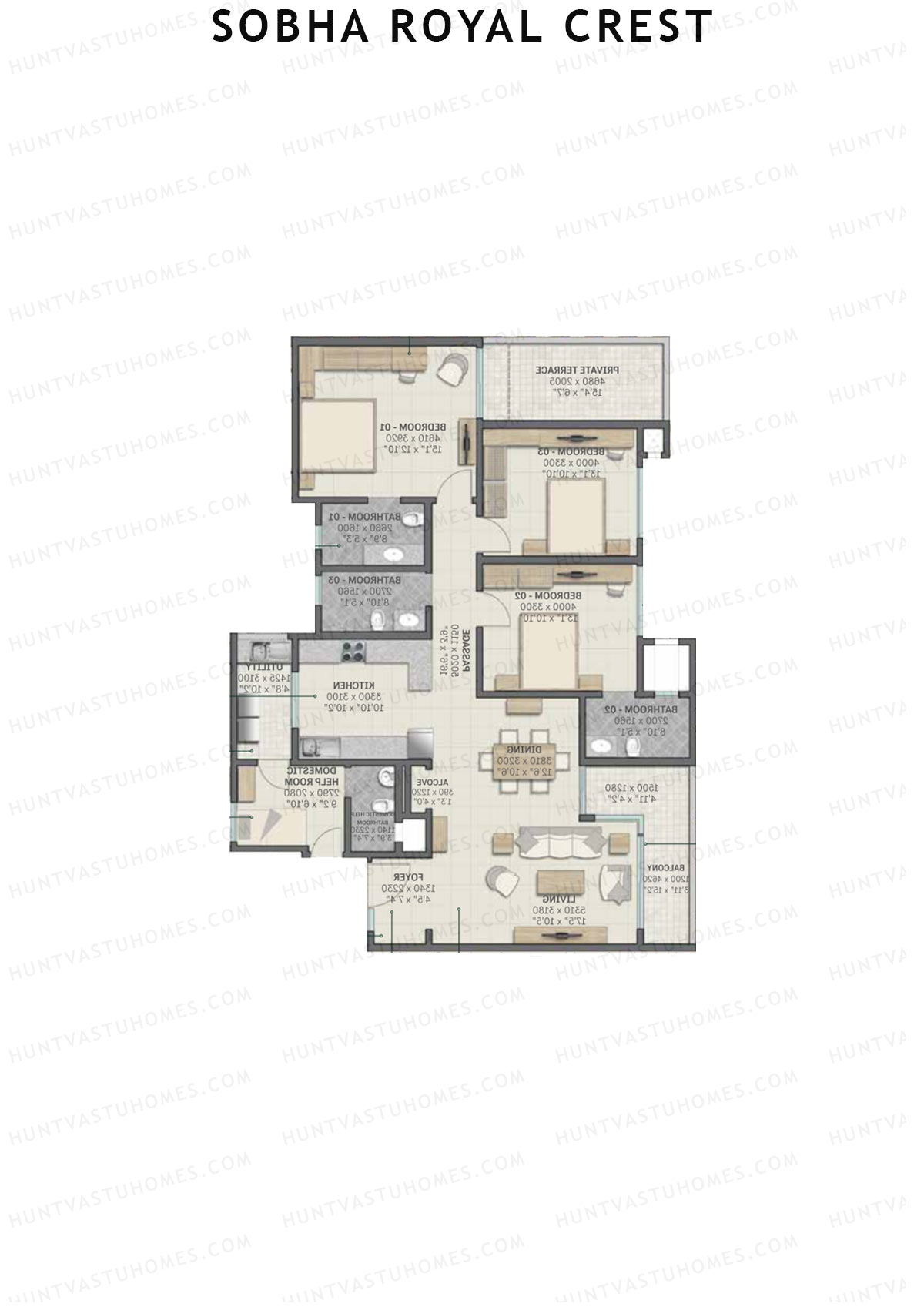 Sobha Royal Crest Wing 2 Unit 2 (Type C3) Floor Plan