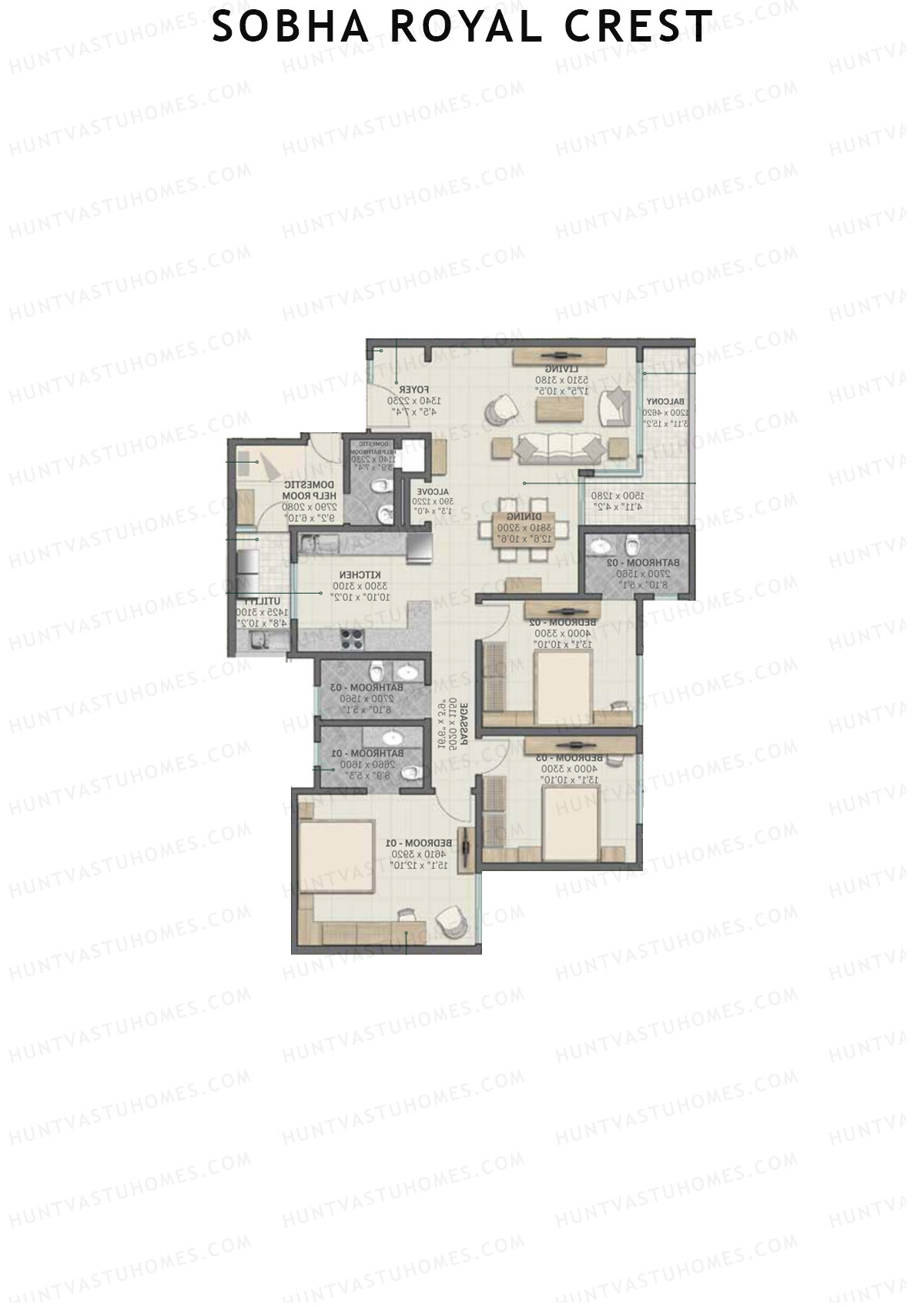 Sobha Royal Crest Wing 2 Unit 3 (Type D1) Floor Plan