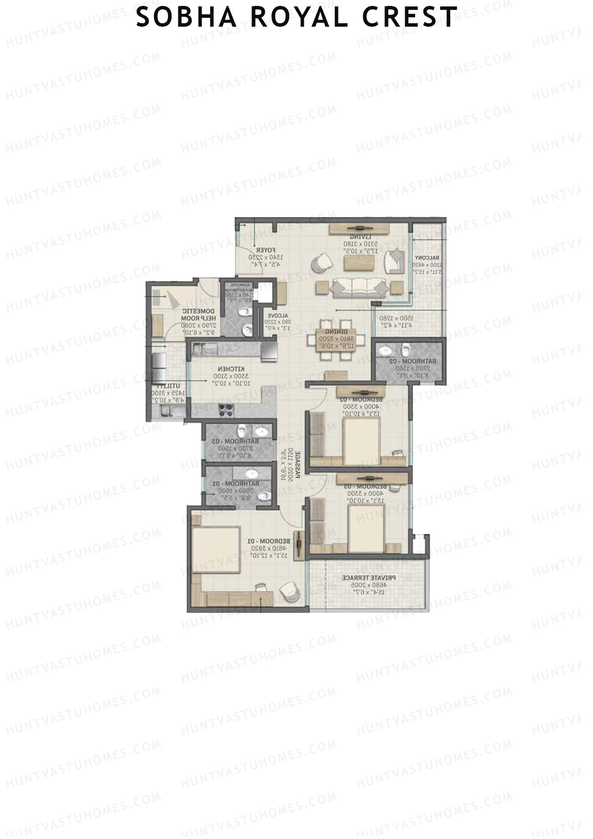 Sobha Royal Crest Wing 2 Unit 3 (Type D2) Floor Plan