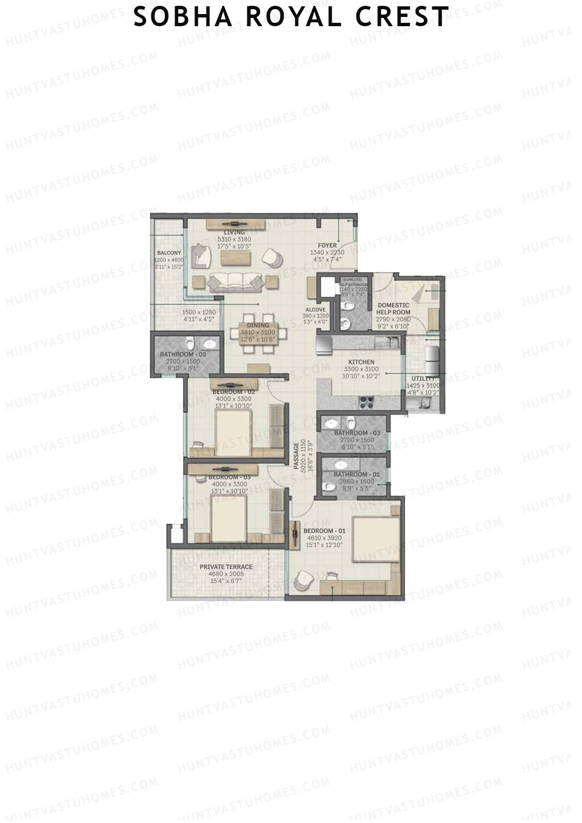 Sobha Royal Crest Wing 2 Unit 4 (Type D2) Floor Plan