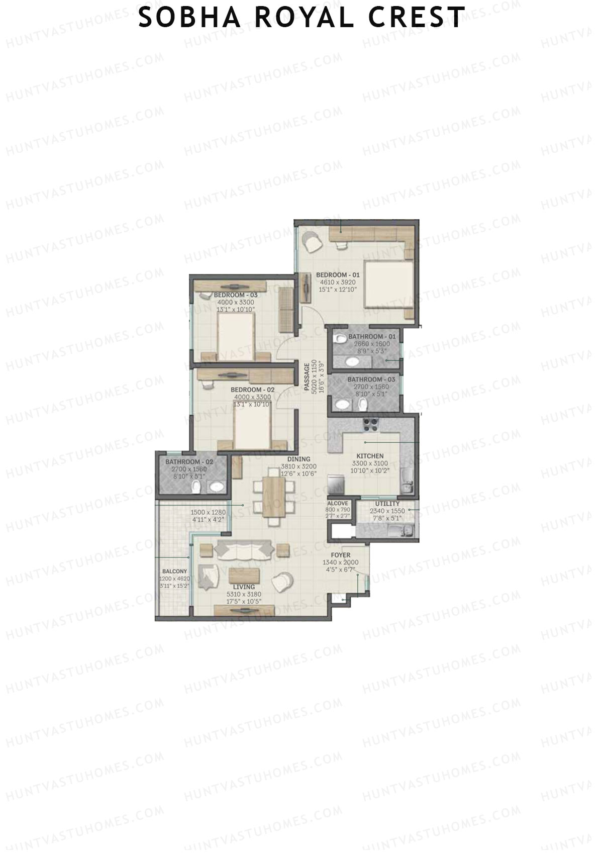 Sobha Royal Crest Wing 3 Unit 1 (Type E1) Floor Plan
