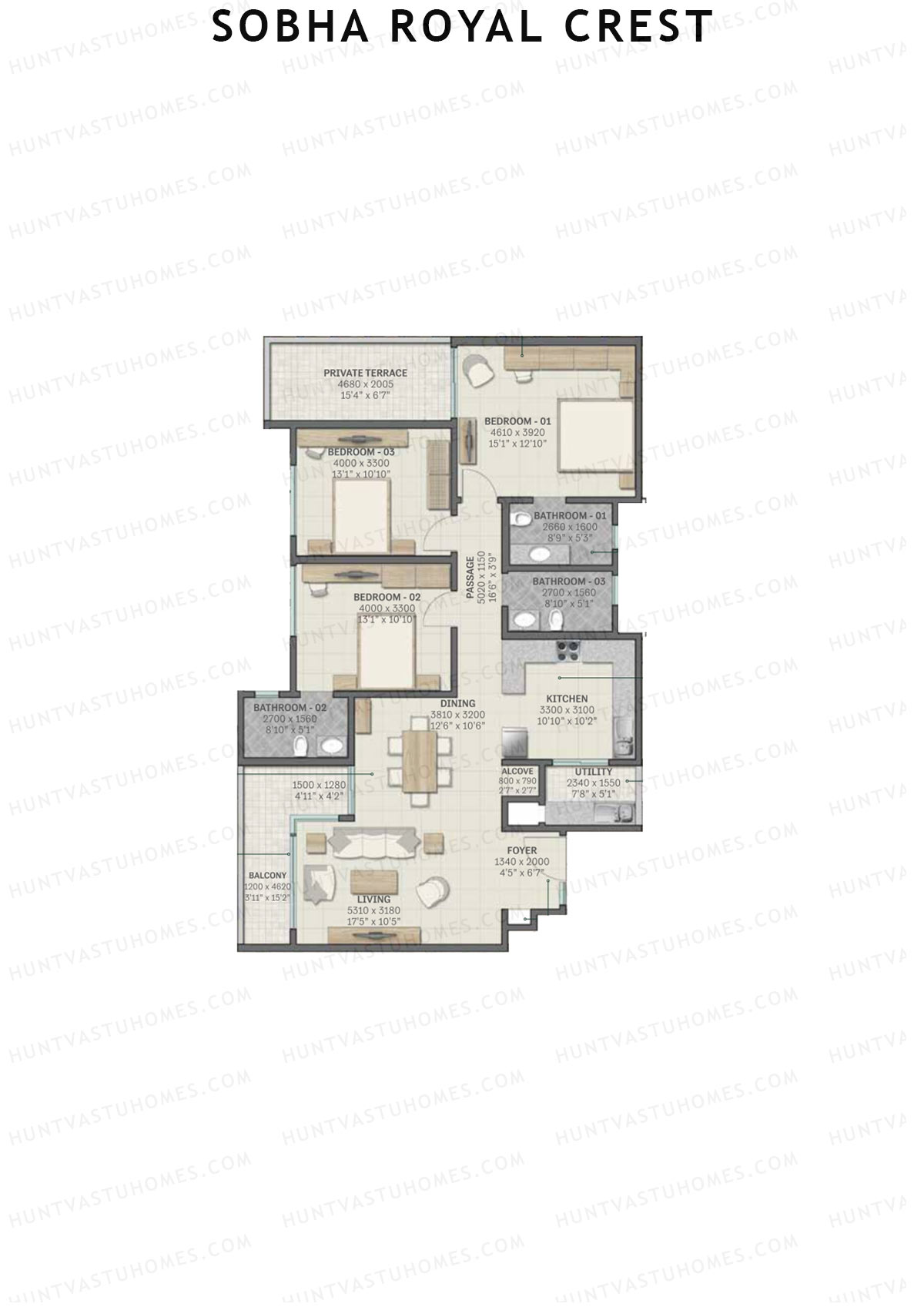Sobha Royal Crest Wing 3 Unit 1 (Type E2) Floor Plan