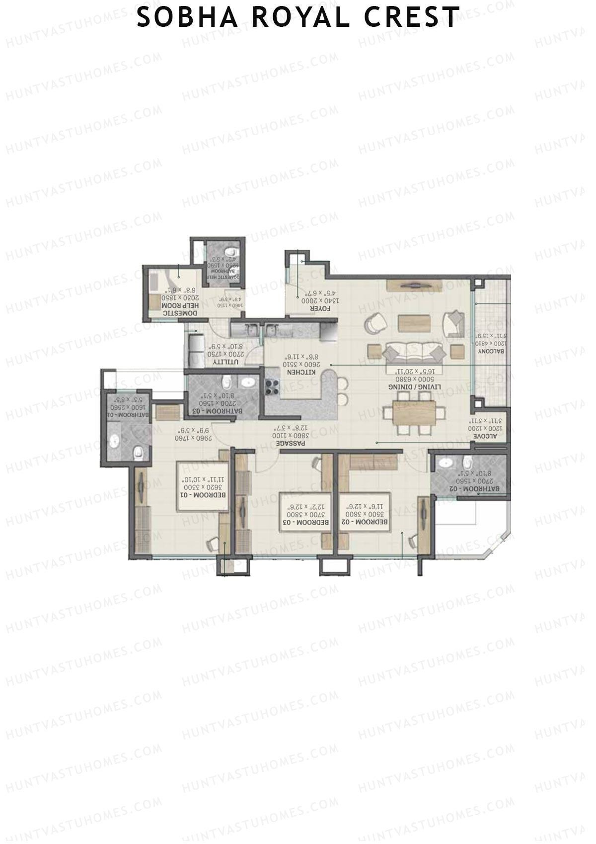 Sobha Royal Crest Wing 3 Unit 3 (Type A3) Floor Plan