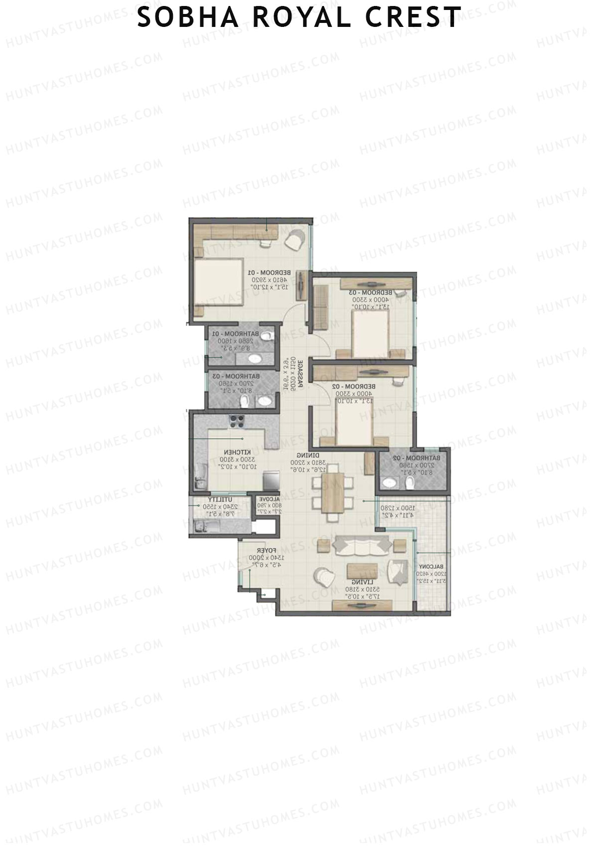 Sobha Royal Crest Wing 3 Unit 4 (Type E1) Floor Plan