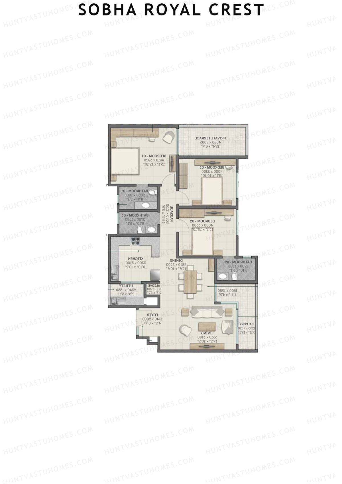 Sobha Royal Crest Wing 3 Unit 4 (Type E2) Floor Plan
