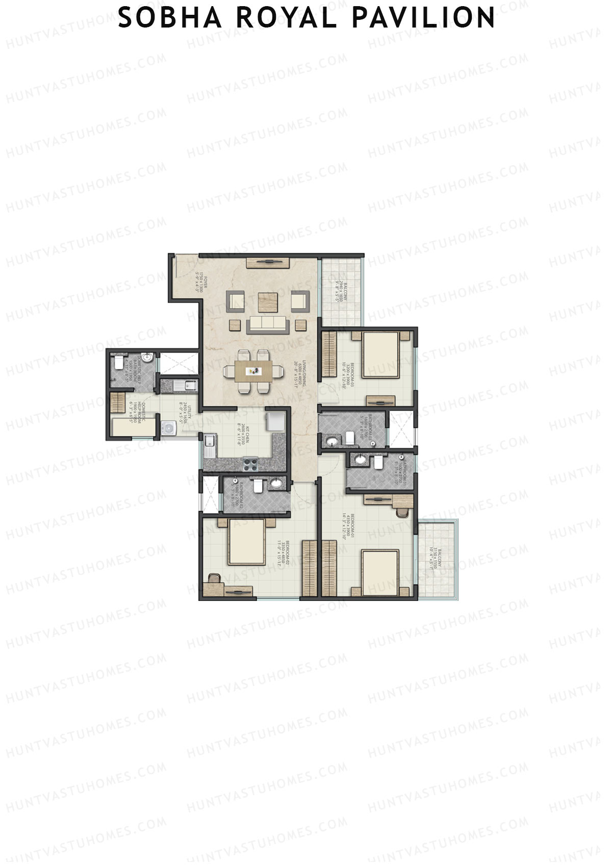 Sobha Royal Pavilion Wing 4 Unit 3 (Type A2) Floor Plan